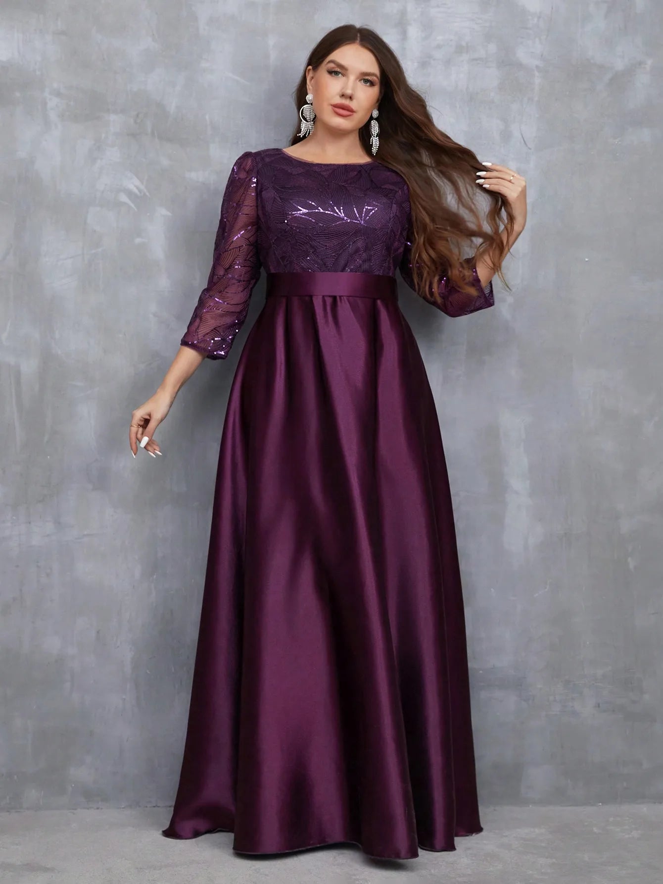 Crew neck long sleeve sequin patchwork satin long gown ball dress Party dress Bridesmaid dress