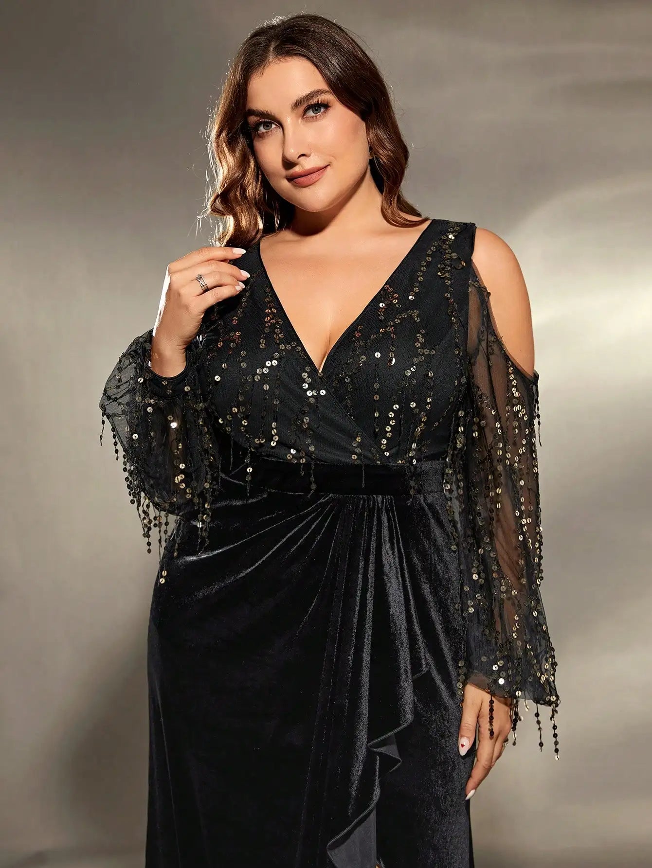 plus size Deep V cross neck off-the-shoulder sequin splicing velvet irregular lotus leaf matching slit dress Evening gown