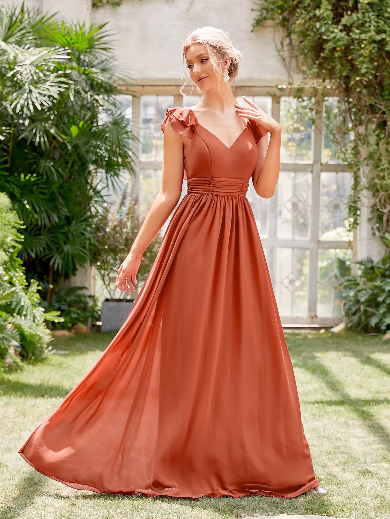 V-neck cap sleeve ruffle lace Extra long evening gown Ball dress Party dress Bridesmaid dress