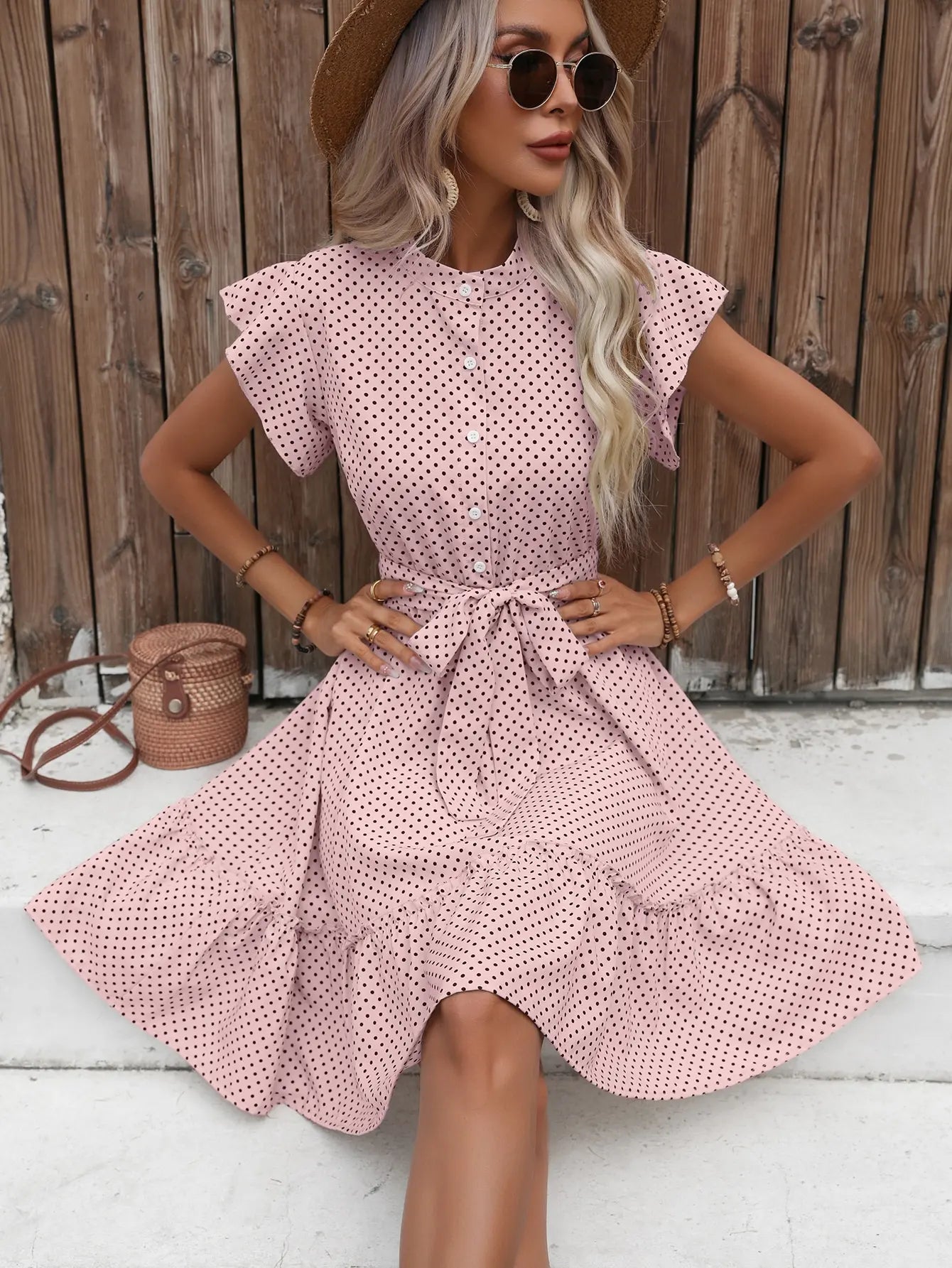 European and American women's polka dot printed butterfly sleeves with ruffled edges and wide pine hem waistband dress