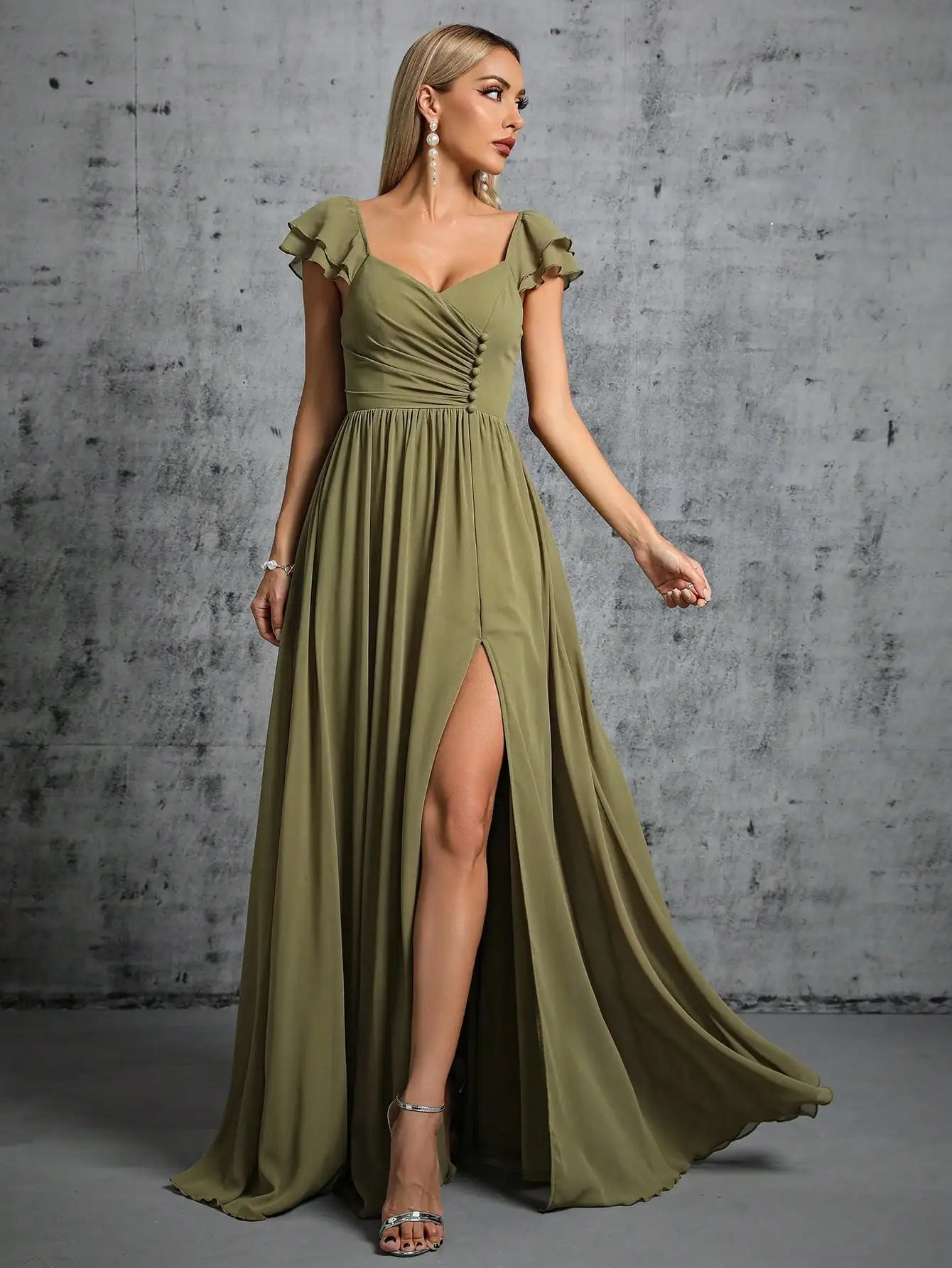 Mgiacy Hufeisenkragen, Rüschenärmel, Verschluss, offener Abendkleid, Ballkleid, Partykleid, Brautjungfernkleid