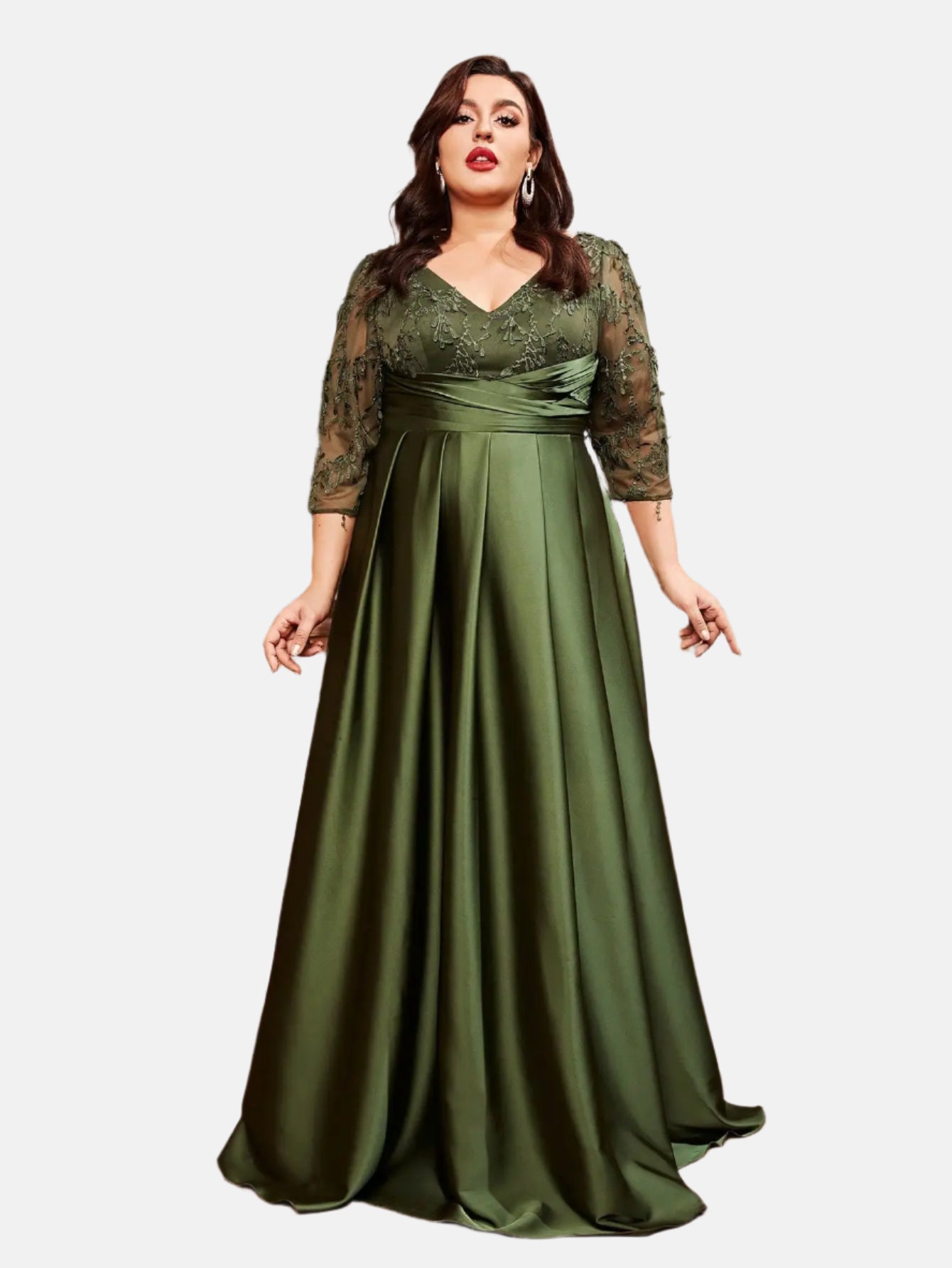 plus size V-neck lace embroidery Mosaic satin cloth hand-folded long skirt Evening gown ball dress Party dress