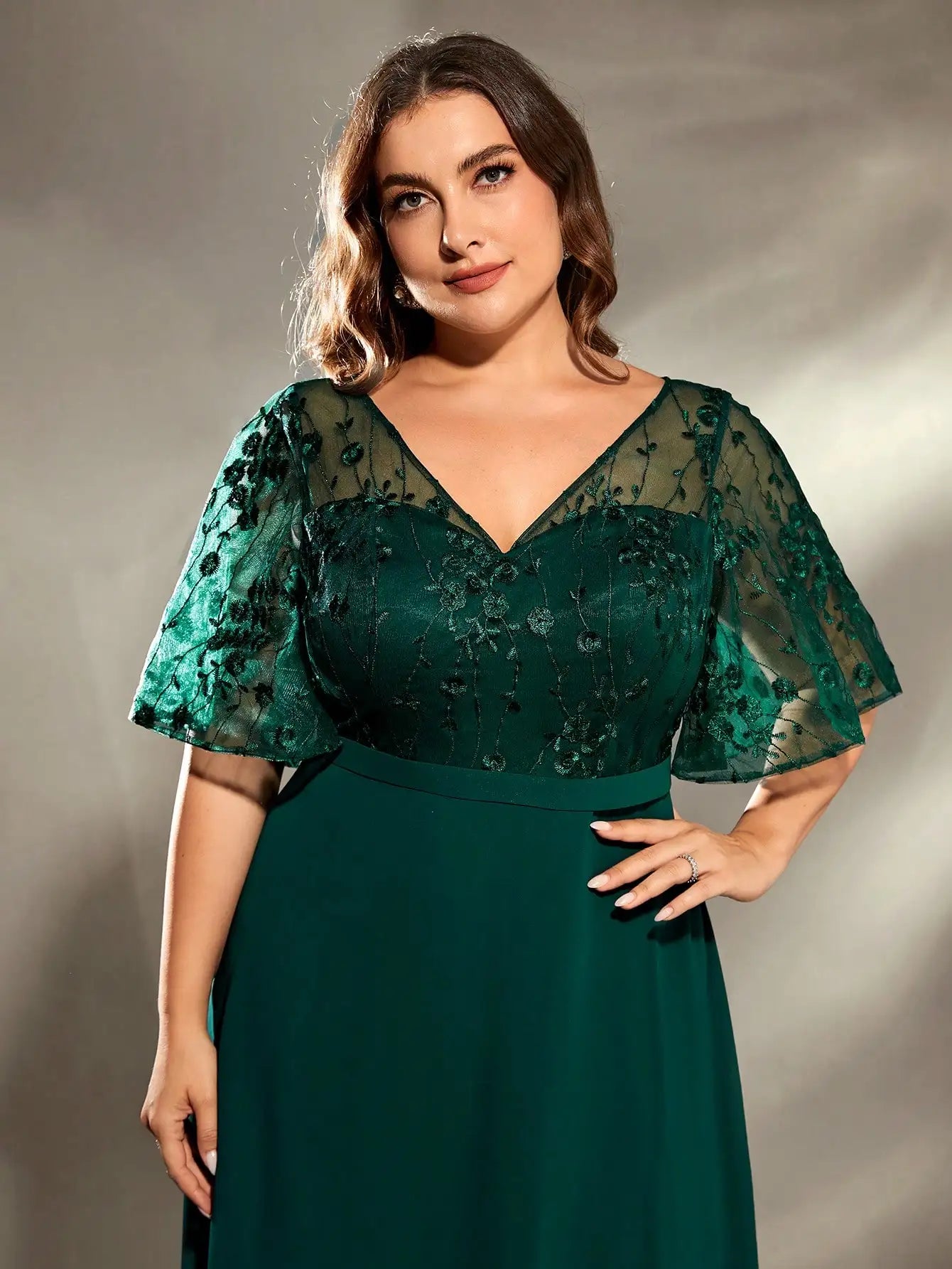 plus size V-neck See-through trumpet sleeve embroidered chiffon full skirt Evening gown Ball dress Party dress