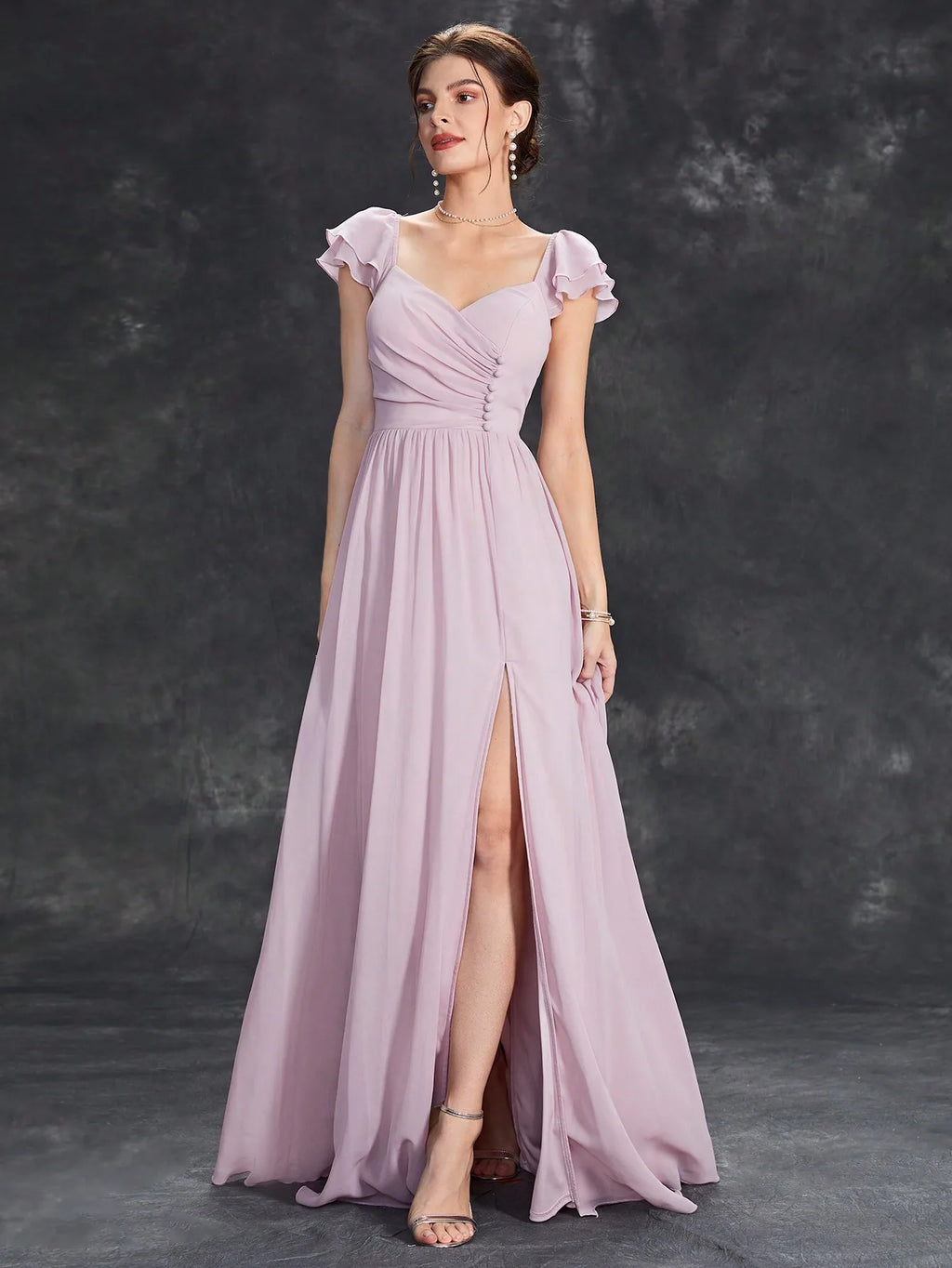 Mgiacy Hufeisenkragen, Rüschenärmel, Verschluss, offener Abendkleid, Ballkleid, Partykleid, Brautjungfernkleid