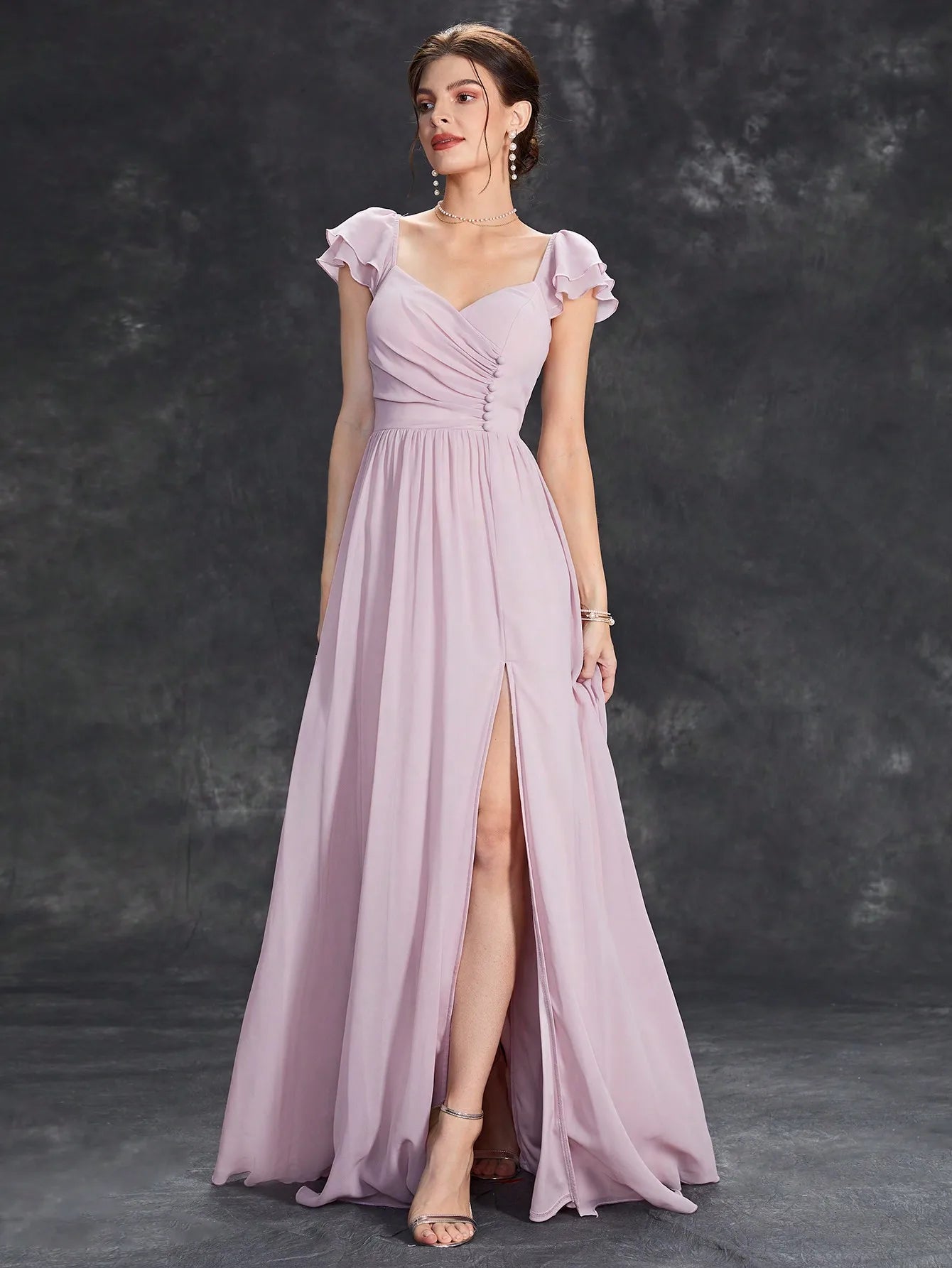 Mgiacy Hufeisenkragen, Rüschenärmel, Verschluss, offener Abendkleid, Ballkleid, Partykleid, Brautjungfernkleid