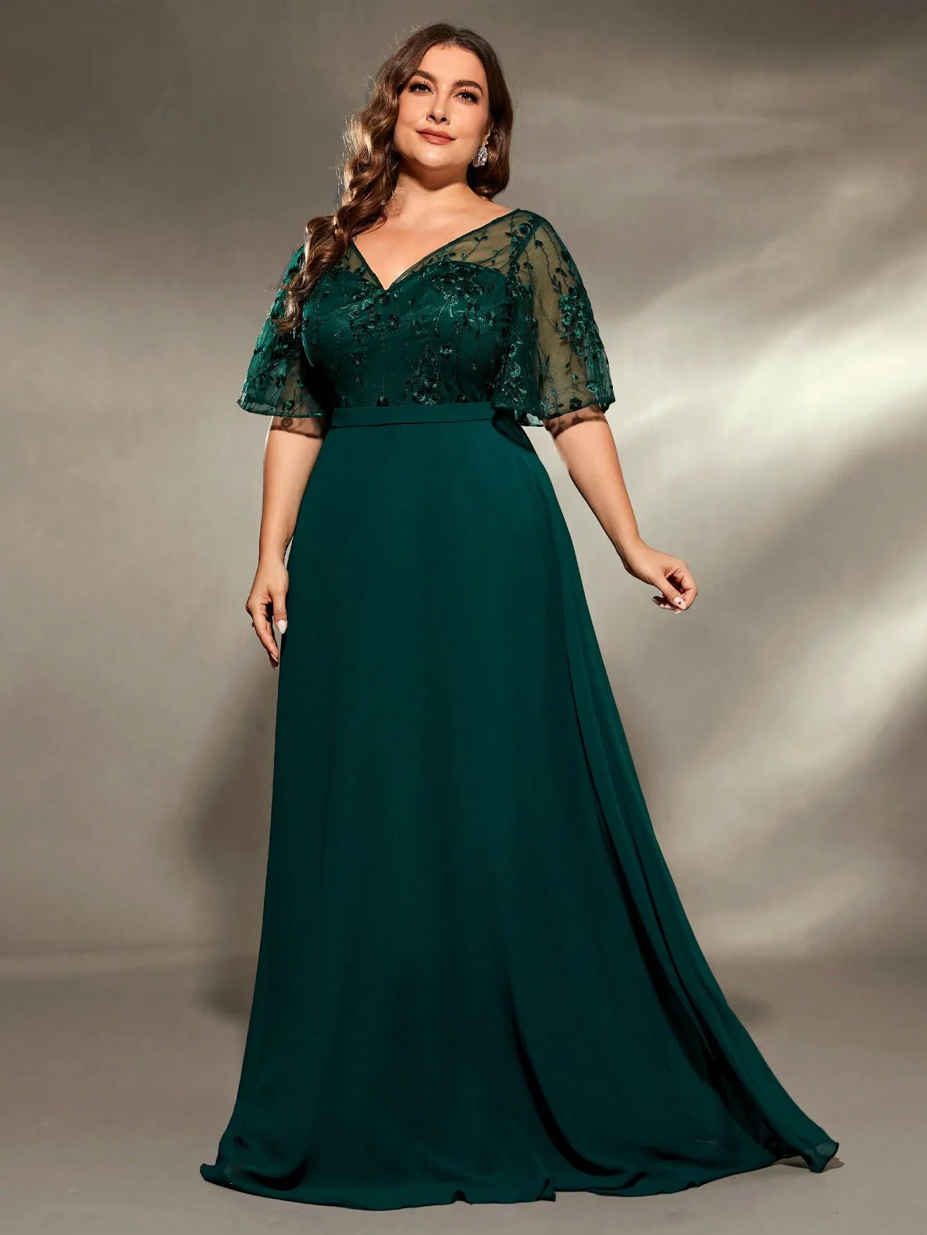 plus size V-neck See-through trumpet sleeve embroidered chiffon full skirt Evening gown Ball dress Party dress