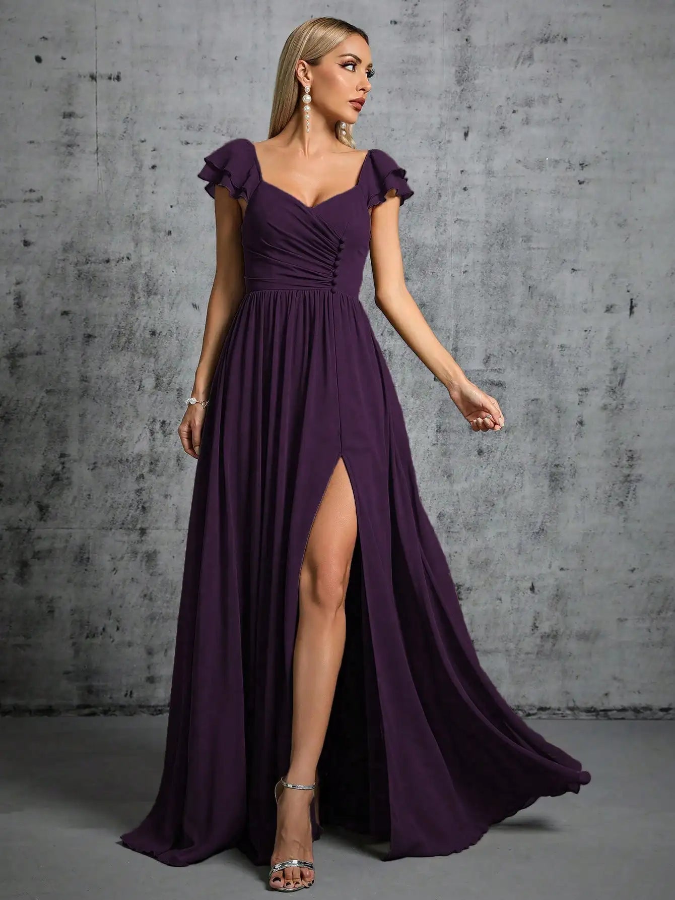 Mgiacy Hufeisenkragen, Rüschenärmel, Verschluss, offener Abendkleid, Ballkleid, Partykleid, Brautjungfernkleid