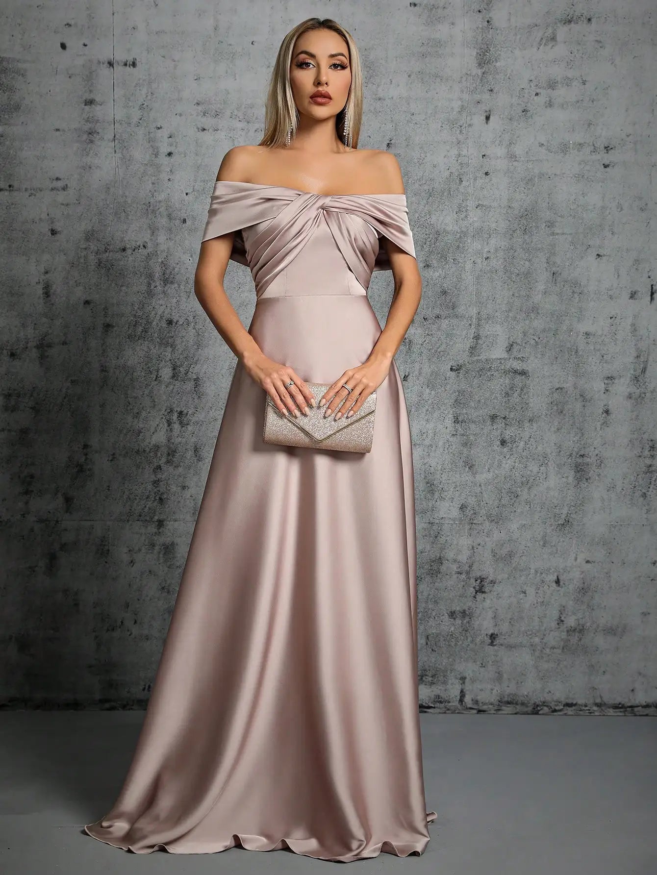 Line neck irregular cross pleated satin gown ball dress Party dress bridesmaid dress