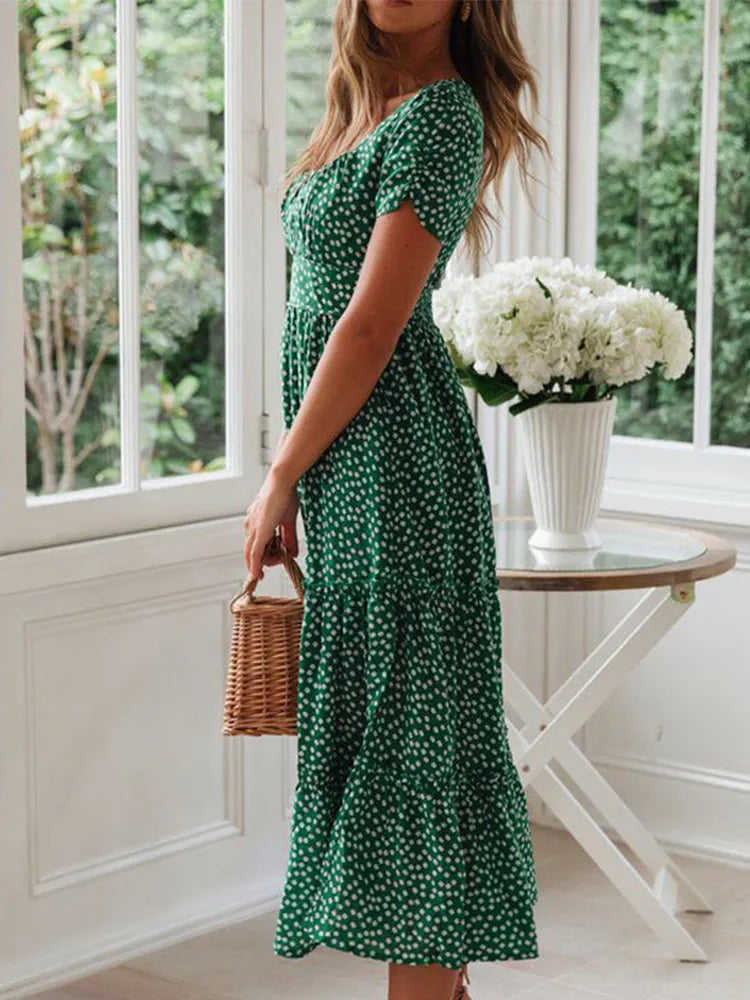 Vintage Print Puff Sleeve summer Beach sweet dresses Casual Square collar floral maxi long dress