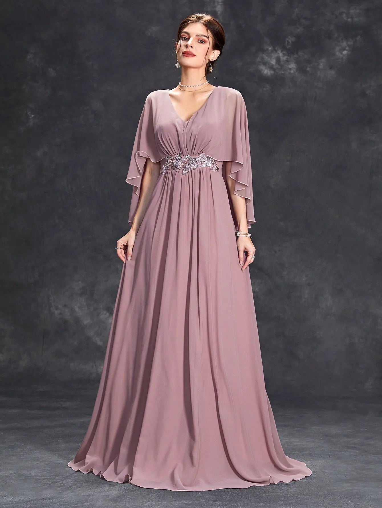 V-neck flared sleeve sequin machine embroidered applique dress
