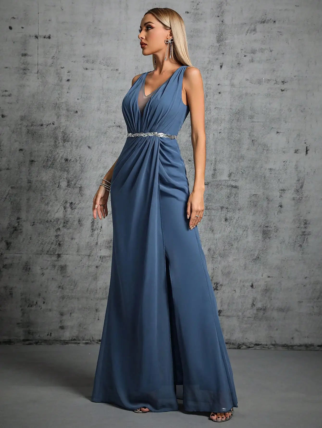 Mgiacy Shoulder deep V-neck silver sequin belt pleated chiffon slit skirt Evening gown Ball dress Party dress Bridesmaid dress