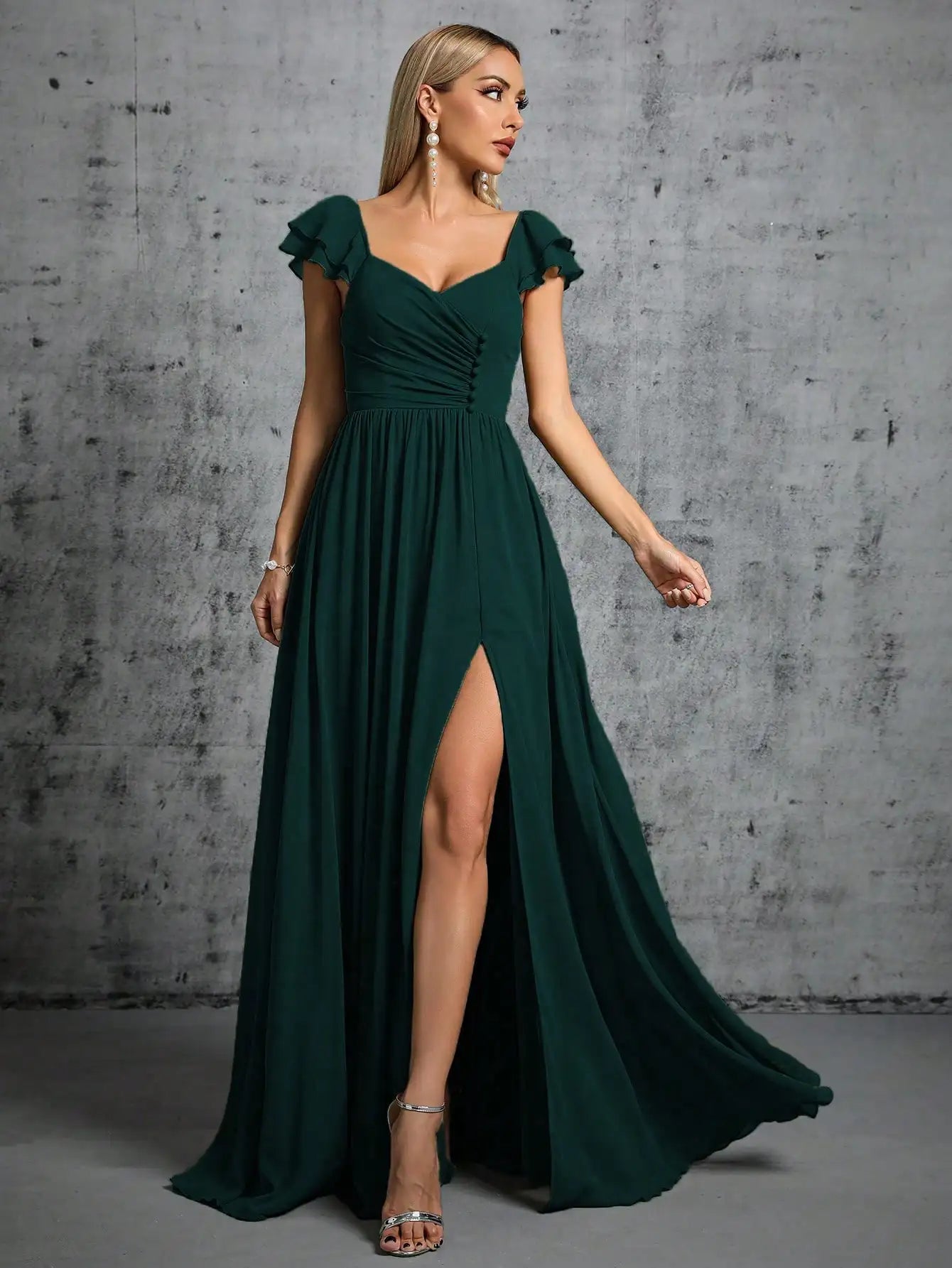 Mgiacy Hufeisenkragen, Rüschenärmel, Verschluss, offener Abendkleid, Ballkleid, Partykleid, Brautjungfernkleid
