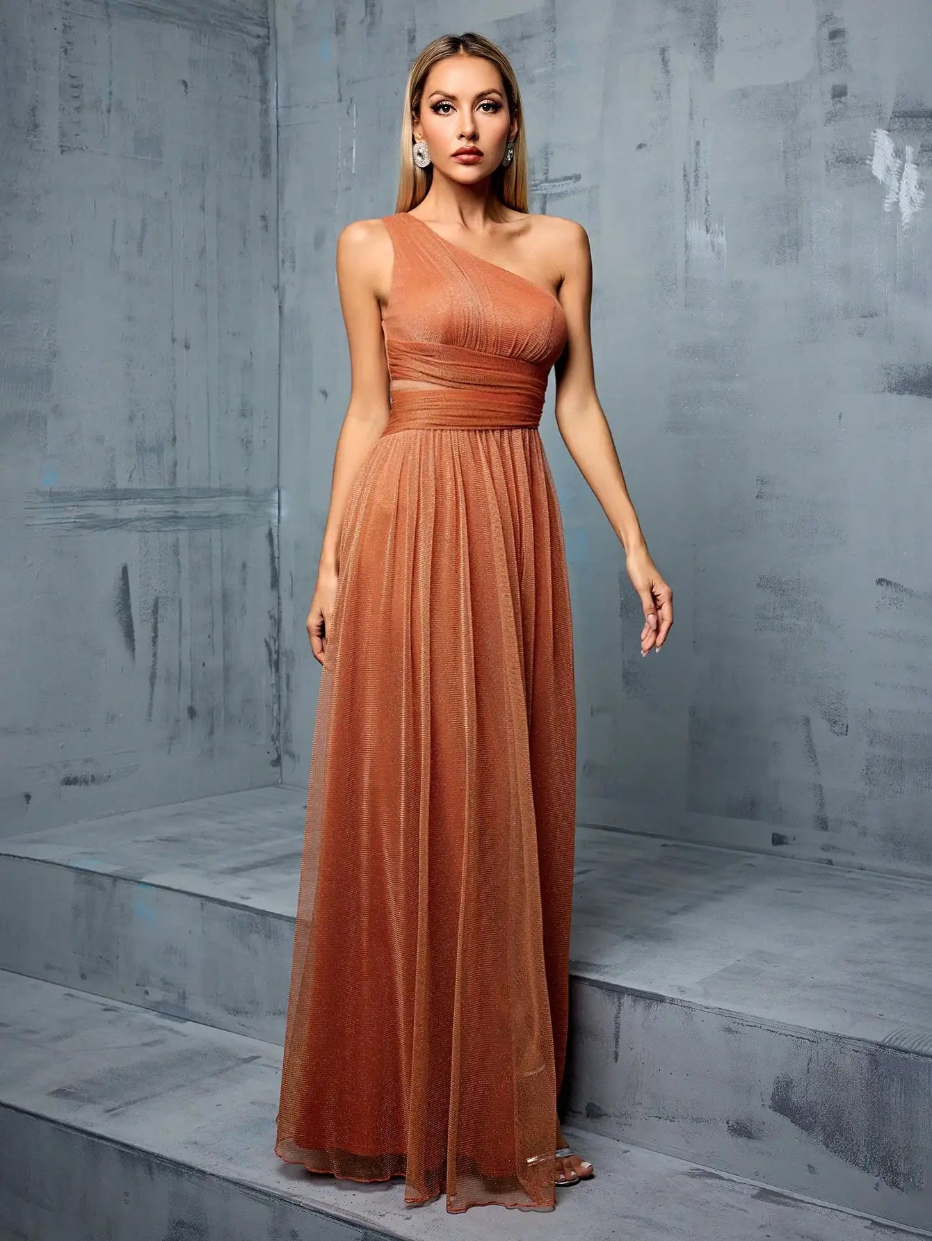 Mgiacy One shoulder asymmetrical chest pleats waist hollowed-out slit A swing mesh long skirt Evening gown Ball dress