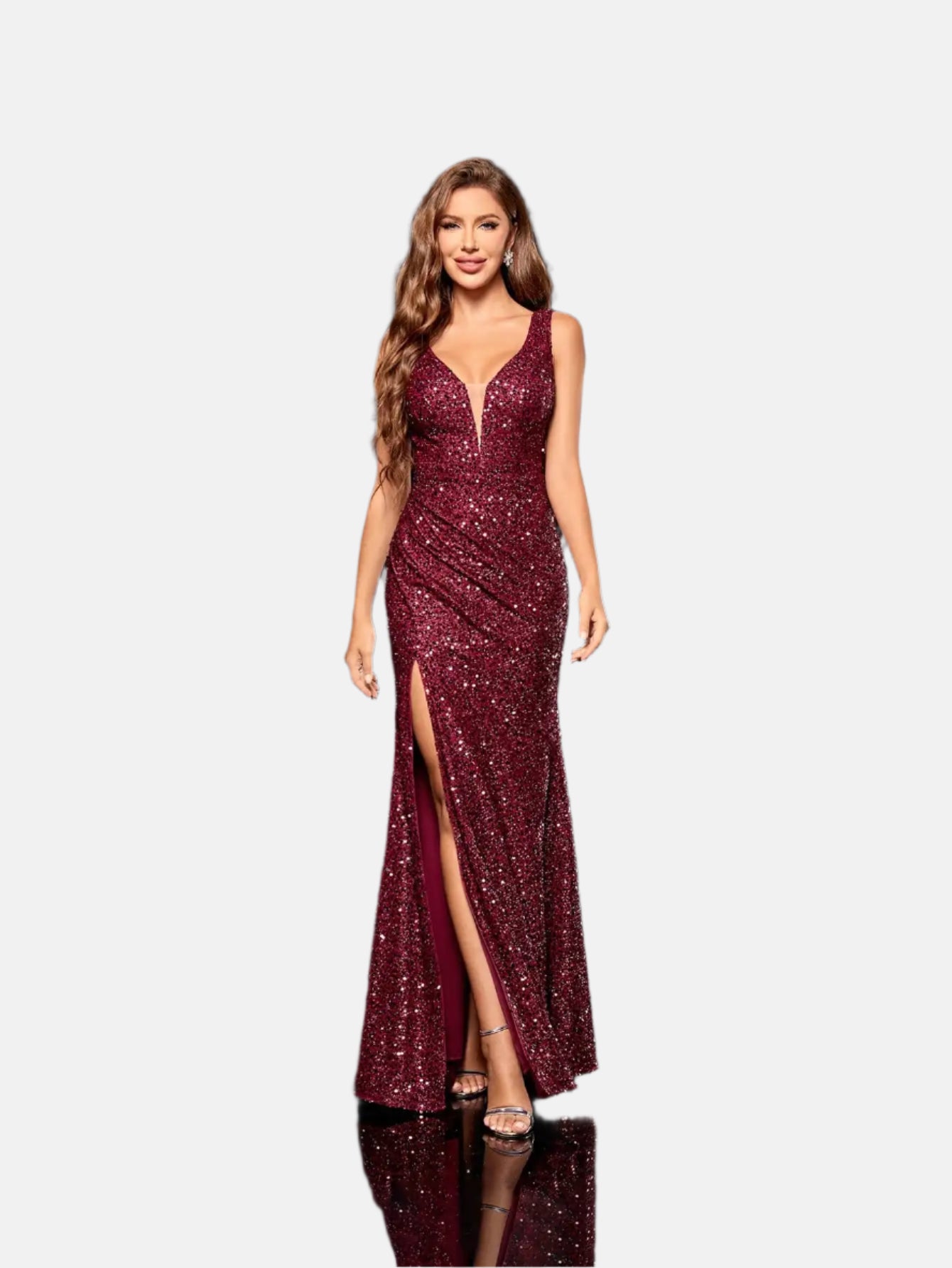 Shoulder V-neck waist pleated sequin slit fishtail skirt Evening gown Ball dress Party dress Bridesmaid dress