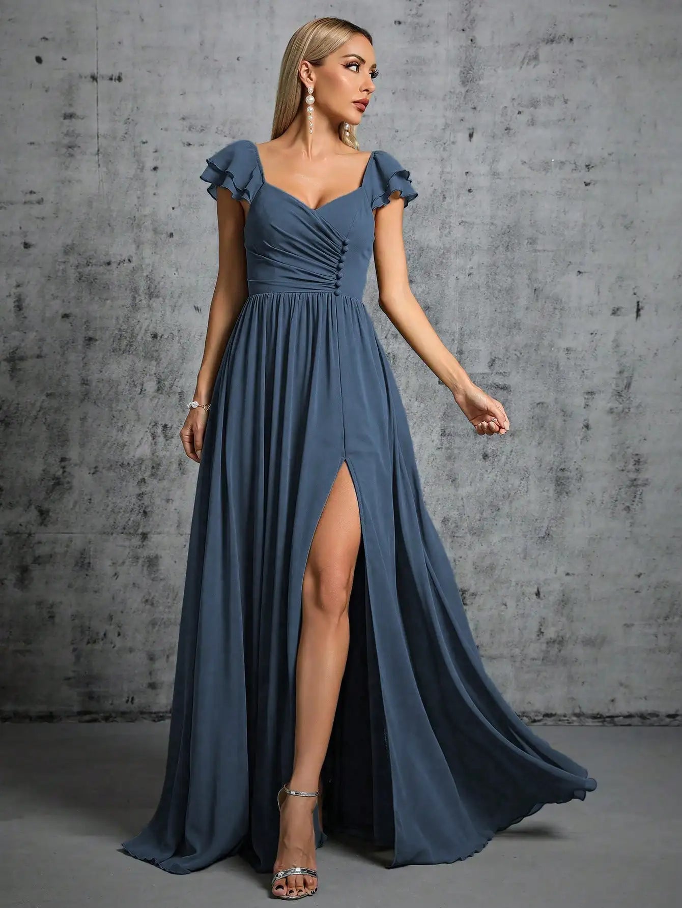 Mgiacy Hufeisenkragen, Rüschenärmel, Verschluss, offener Abendkleid, Ballkleid, Partykleid, Brautjungfernkleid