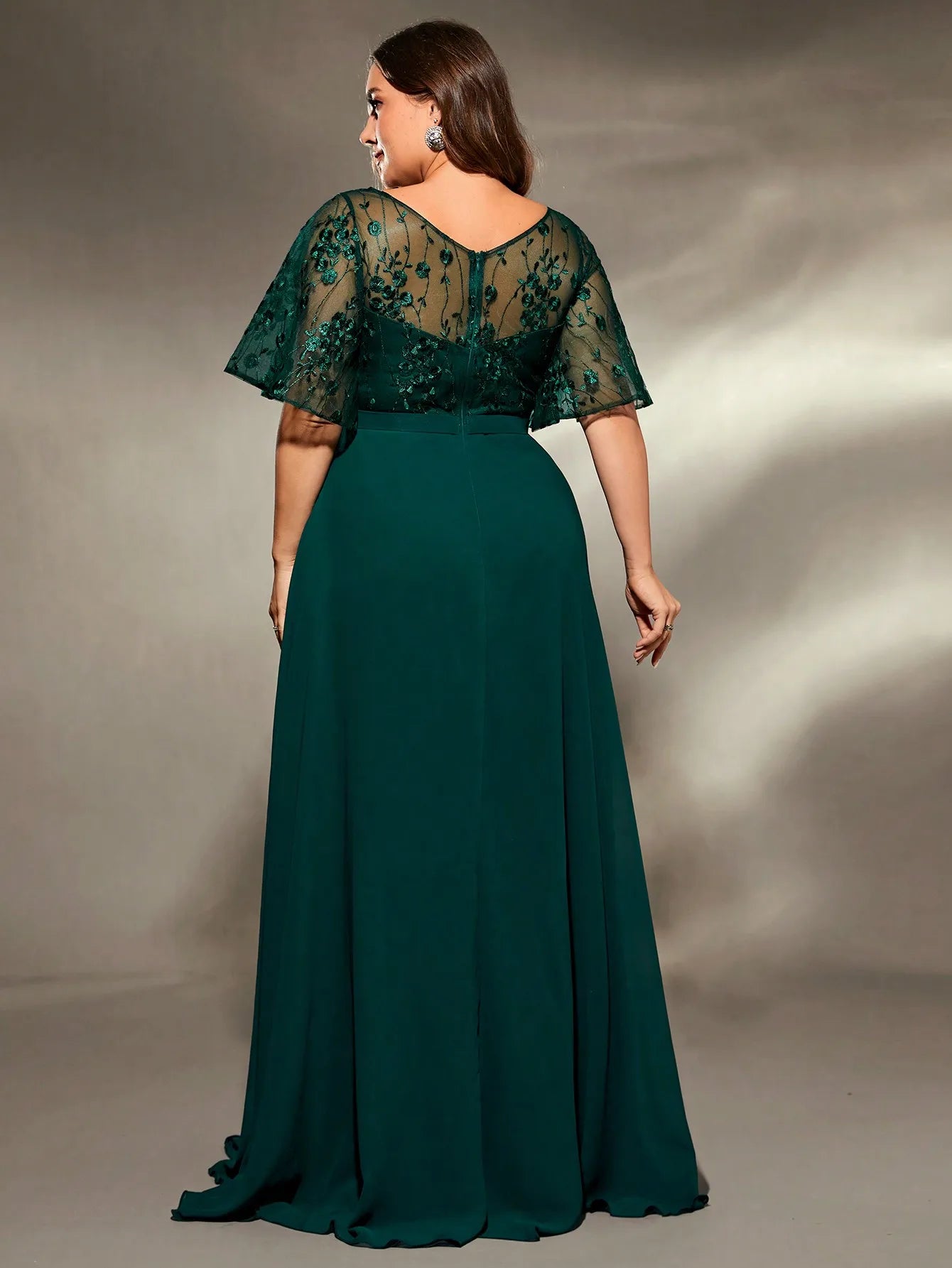 plus size V-neck See-through trumpet sleeve embroidered chiffon full skirt Evening gown Ball dress Party dress
