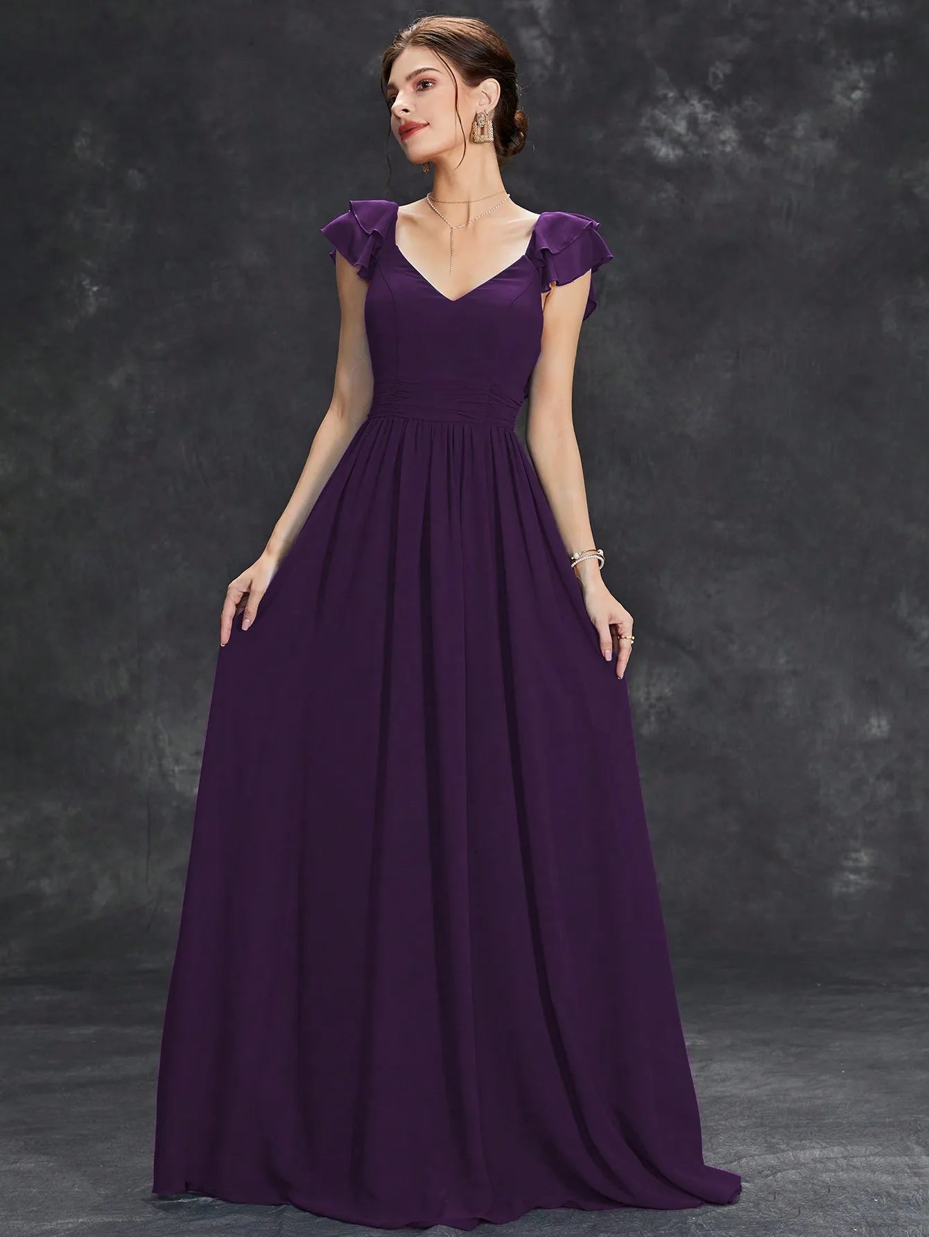 V-neck cap sleeve ruffle lace Extra long evening gown Ball dress Party dress Bridesmaid dress