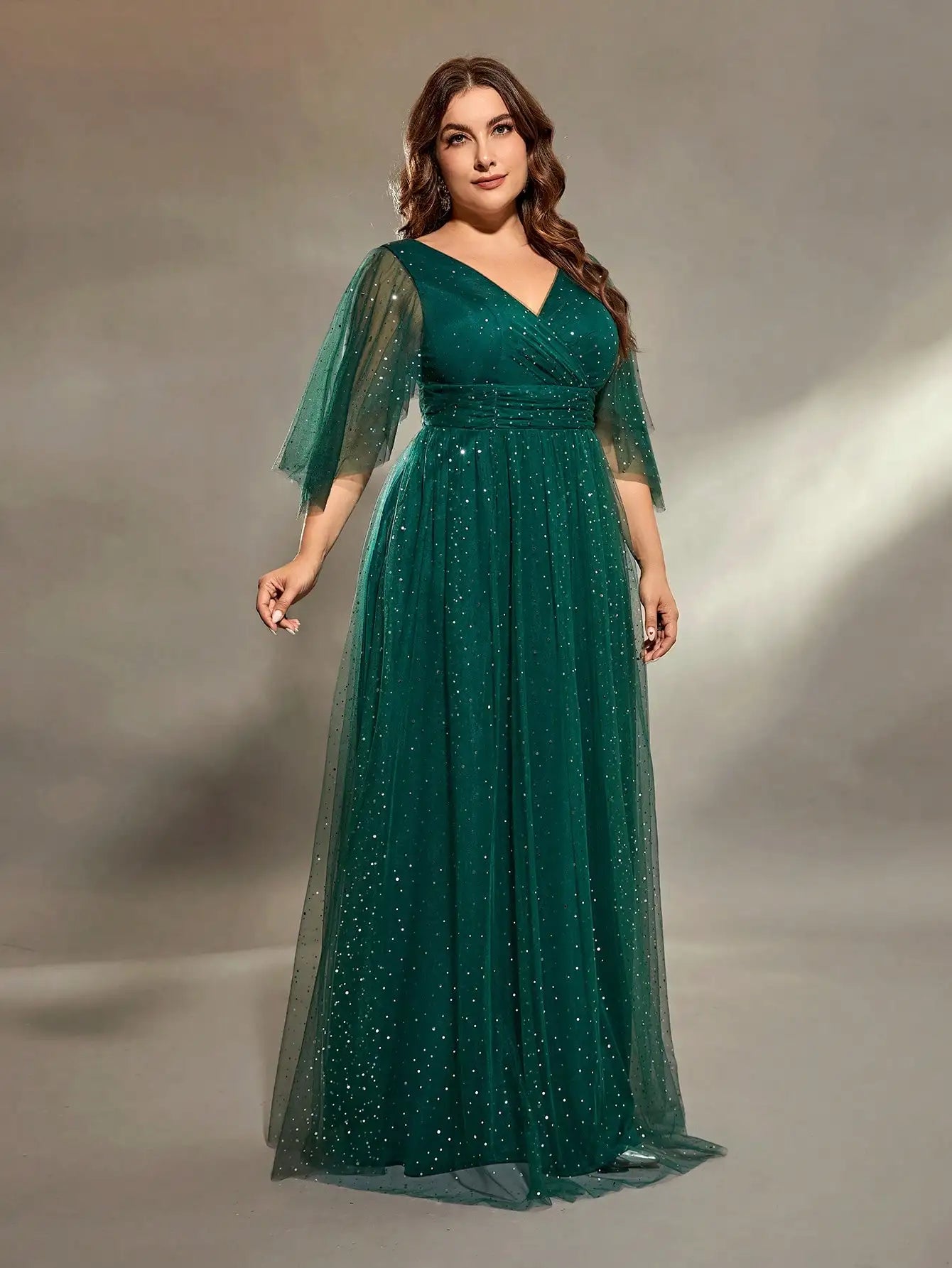 plus size V-neck cross chest pleats irregular long sleeve fillet netting A full skirt Evening gown Ball dress Party dress