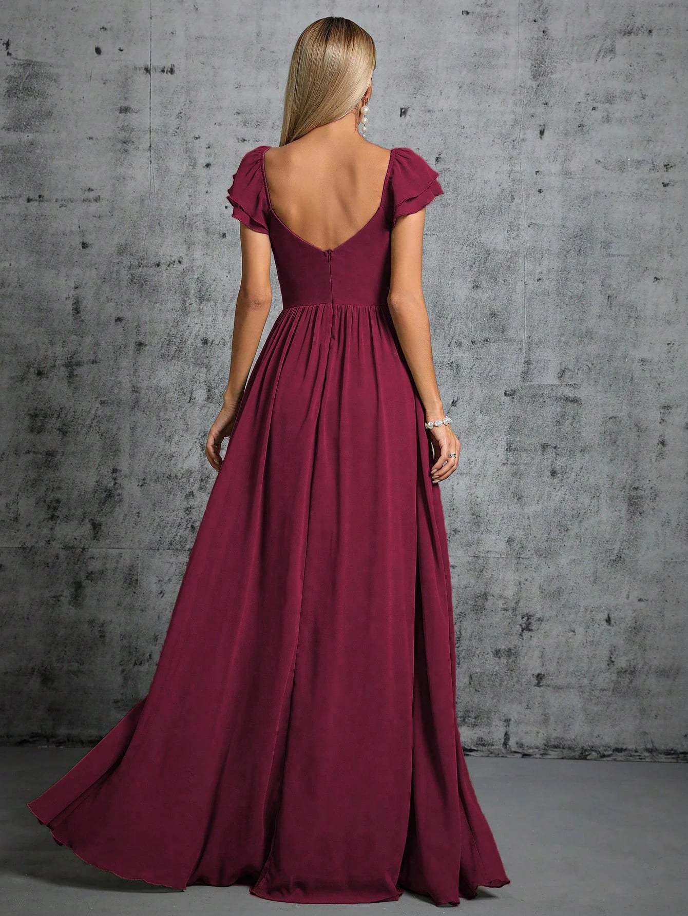 Mgiacy Hufeisenkragen, Rüschenärmel, Verschluss, offener Abendkleid, Ballkleid, Partykleid, Brautjungfernkleid