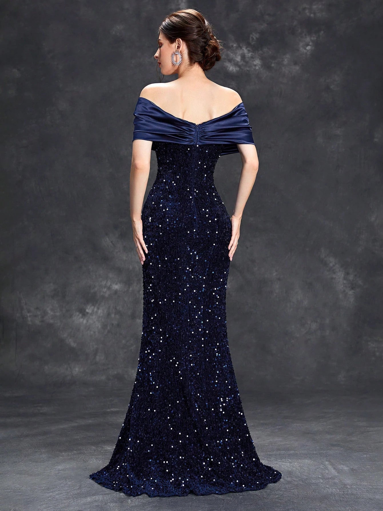 Line neck pleated tint sequin velvet fishtail Dress Evening Gown Ball dress Party dress Bridesmaid dress