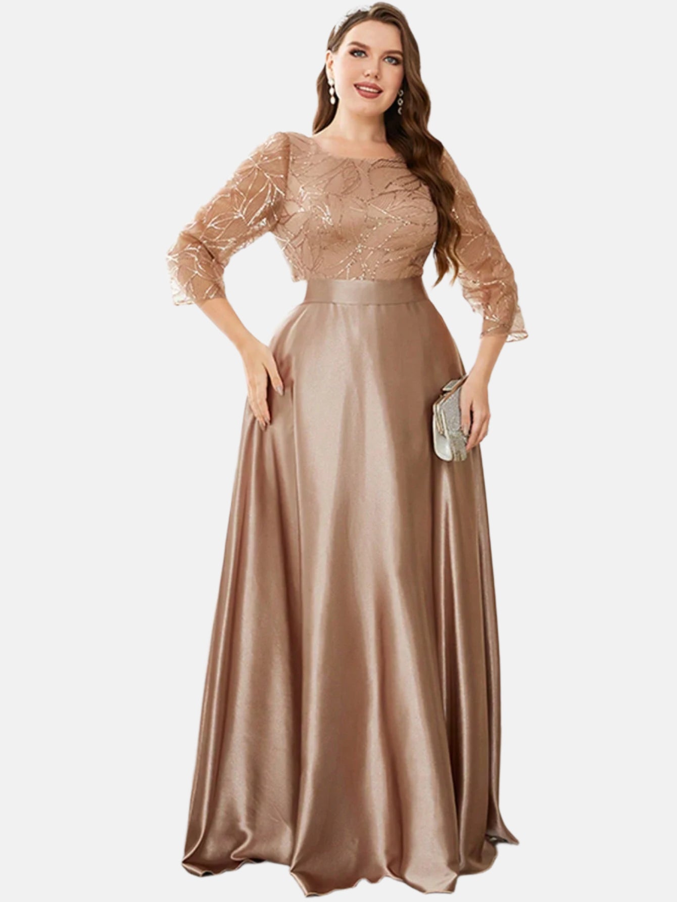 Crew neck long sleeve sequin patchwork satin long gown ball dress Party dress Bridesmaid dress