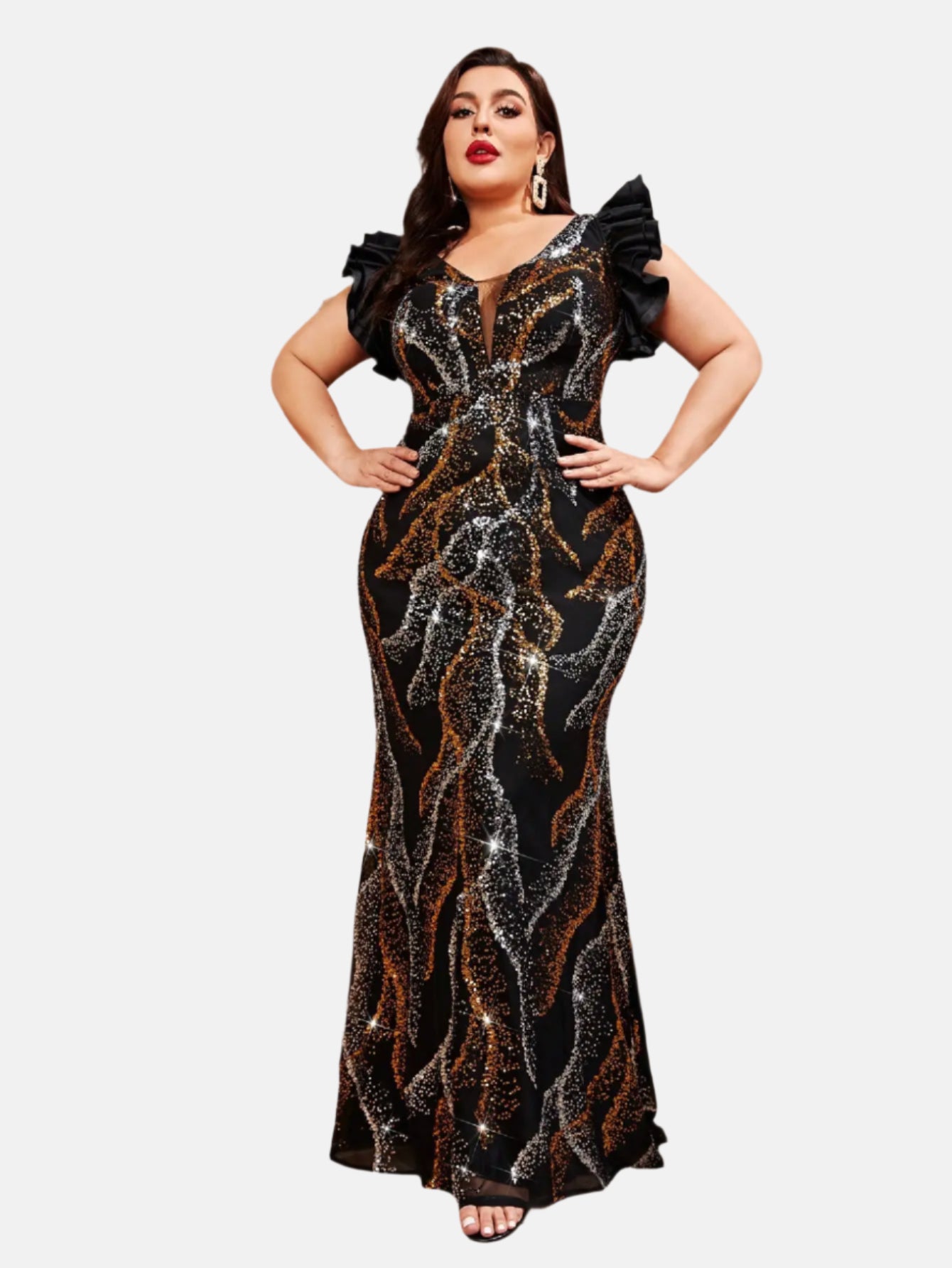plus size V-neck sequin color contrast design multi-layer flying sleeve fishtail slim dress Evening gown ball dress