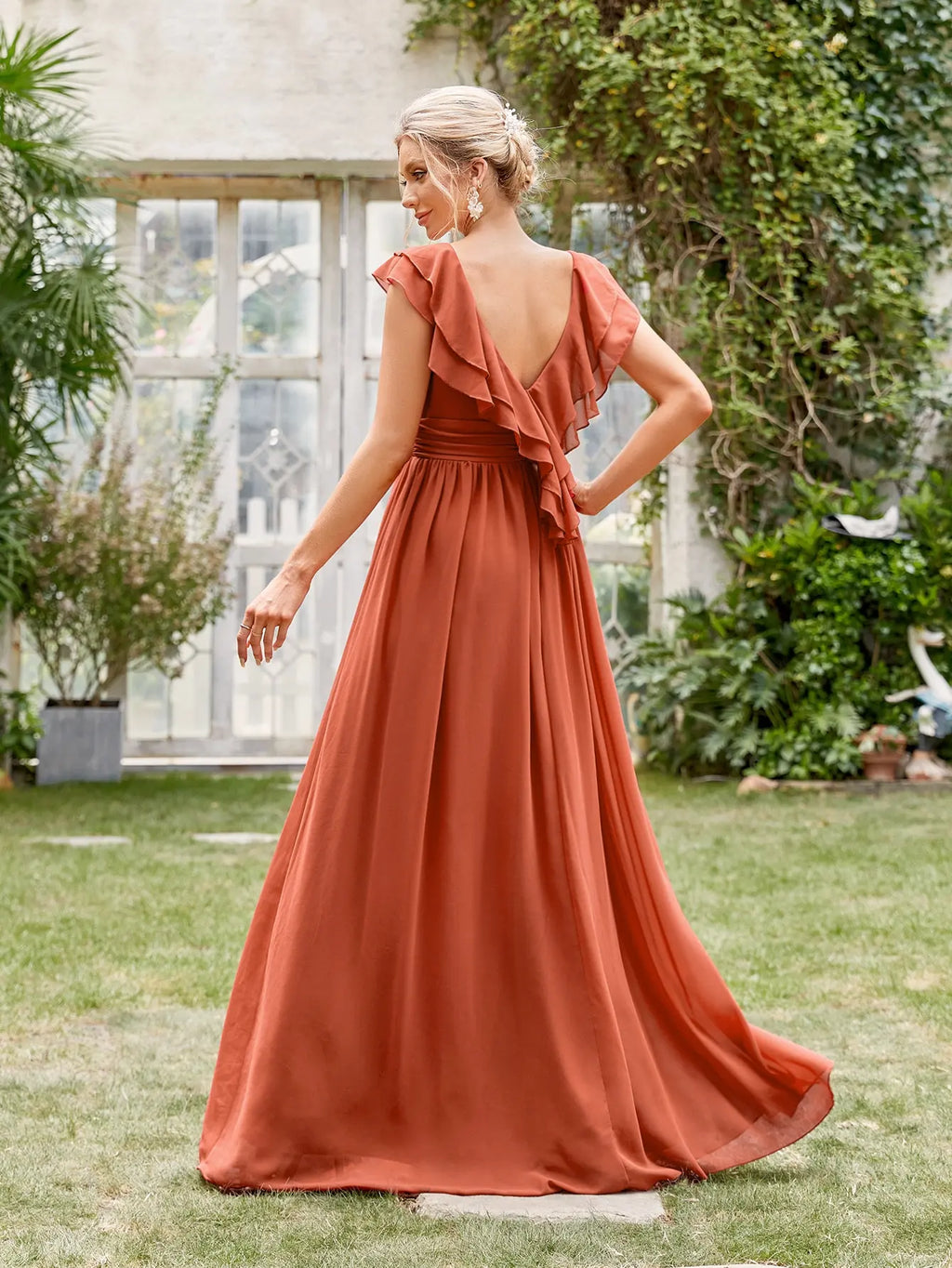 V-neck cap sleeve ruffle lace Extra long evening gown Ball dress Party dress Bridesmaid dress