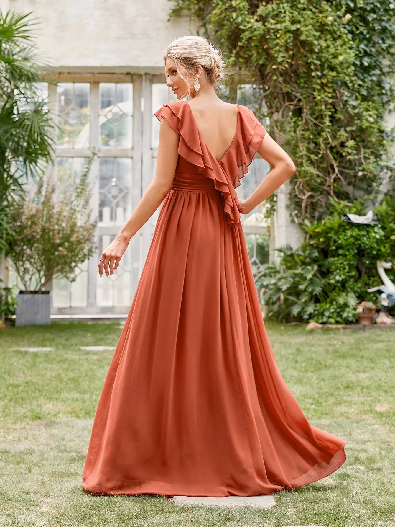 V-neck cap sleeve ruffle lace Extra long evening gown Ball dress Party dress Bridesmaid dress