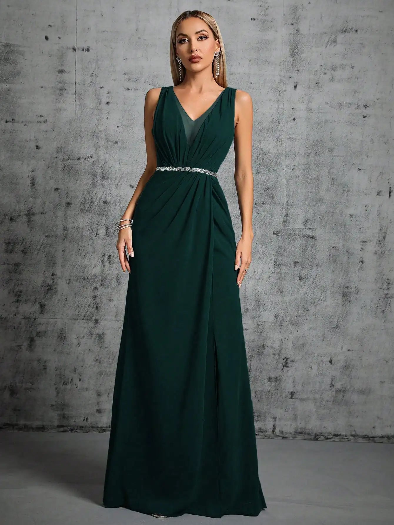 Mgiacy Shoulder deep V-neck silver sequin belt pleated chiffon slit skirt Evening gown Ball dress Party dress Bridesmaid dress