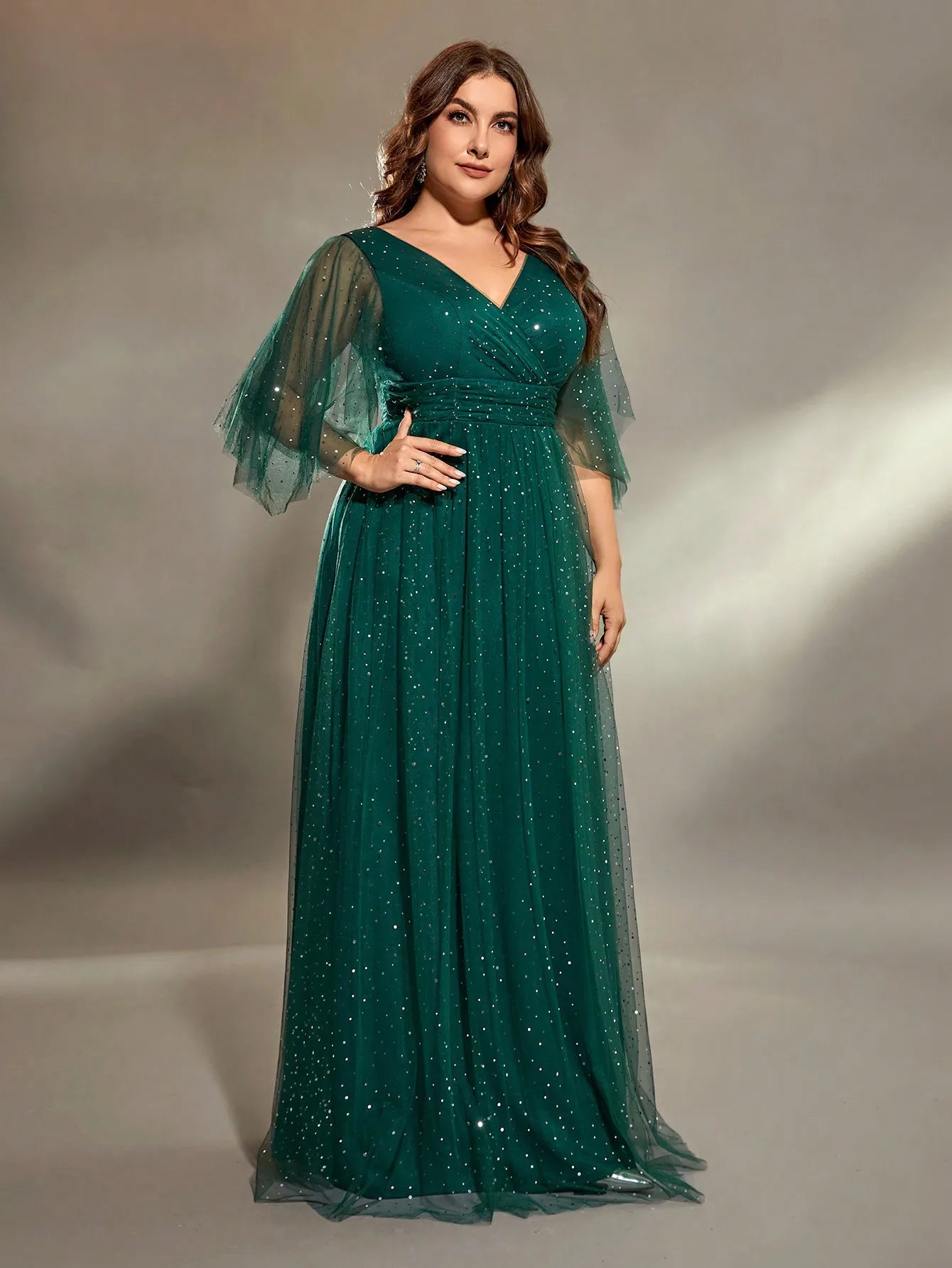 plus size V-neck cross chest pleats irregular long sleeve fillet netting A full skirt Evening gown Ball dress Party dress