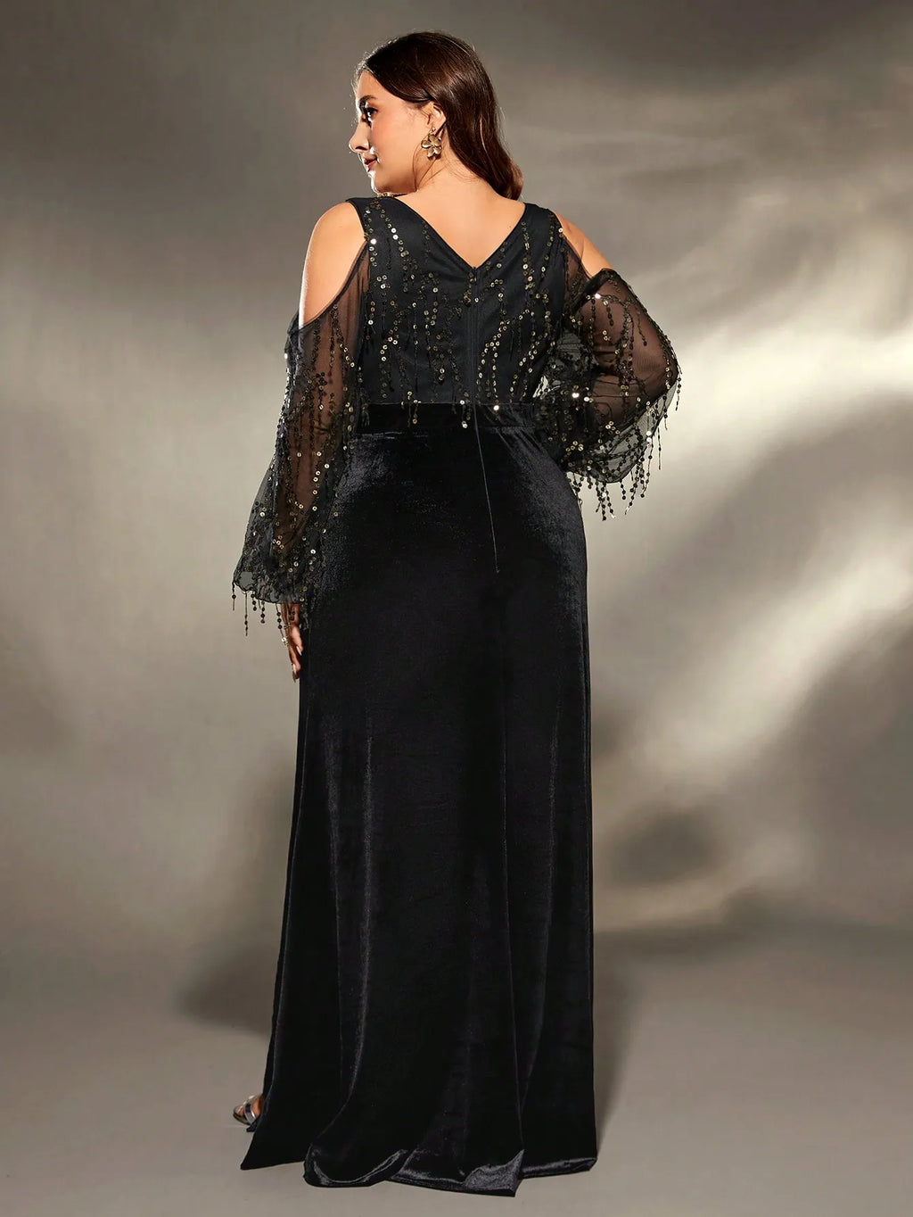 plus size Deep V cross neck off-the-shoulder sequin splicing velvet irregular lotus leaf matching slit dress Evening gown