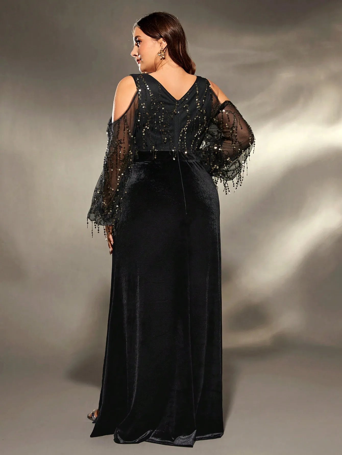 plus size Deep V cross neck off-the-shoulder sequin splicing velvet irregular lotus leaf matching slit dress Evening gown