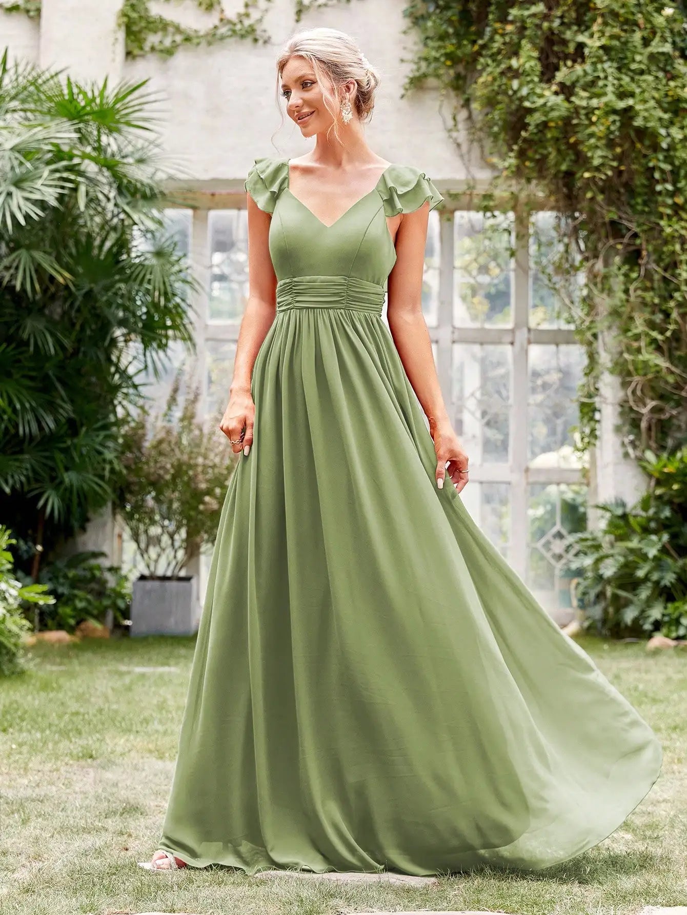 V-neck cap sleeve ruffle lace Extra long evening gown Ball dress Party dress Bridesmaid dress