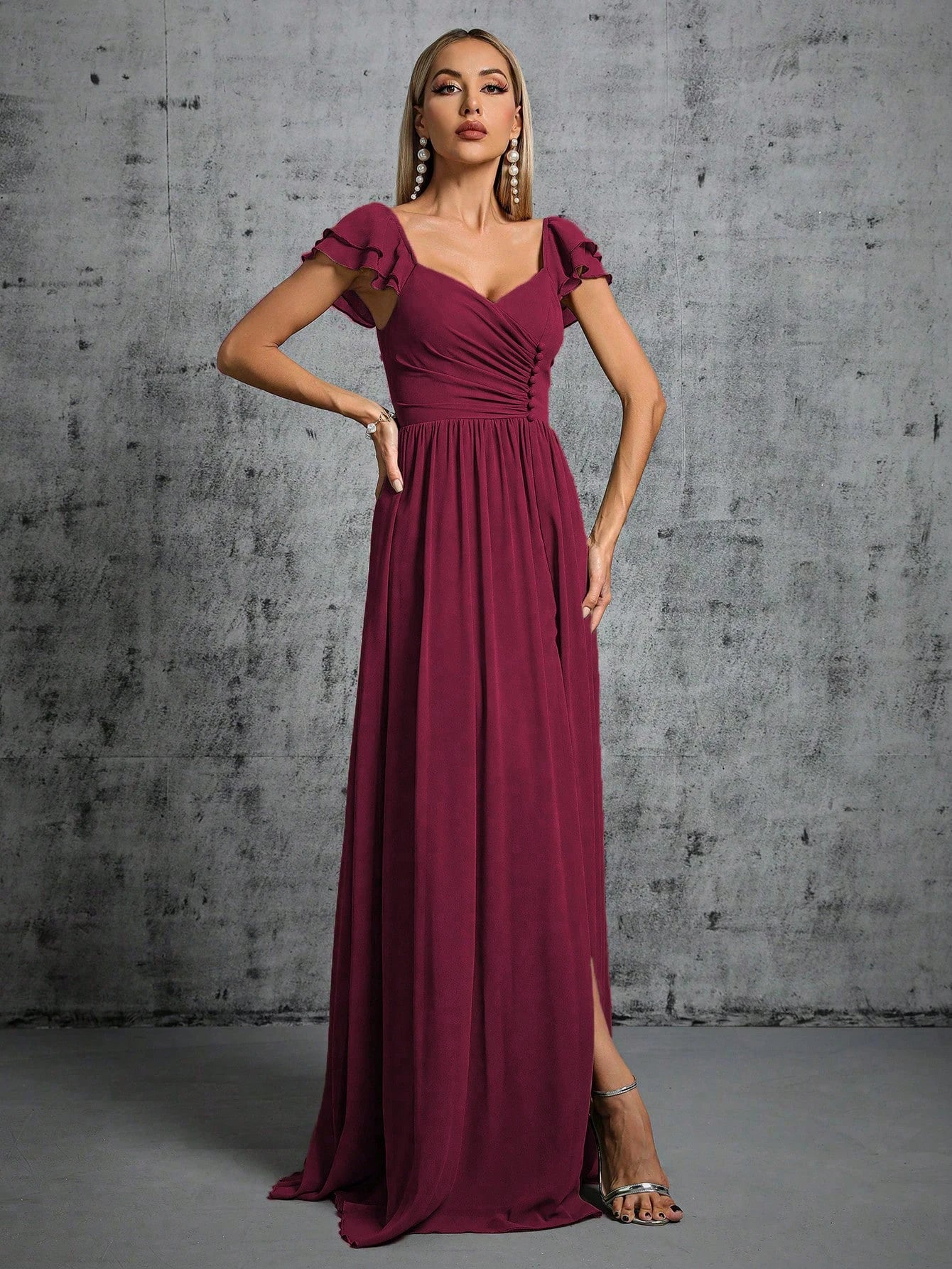 Mgiacy Hufeisenkragen, Rüschenärmel, Verschluss, offener Abendkleid, Ballkleid, Partykleid, Brautjungfernkleid