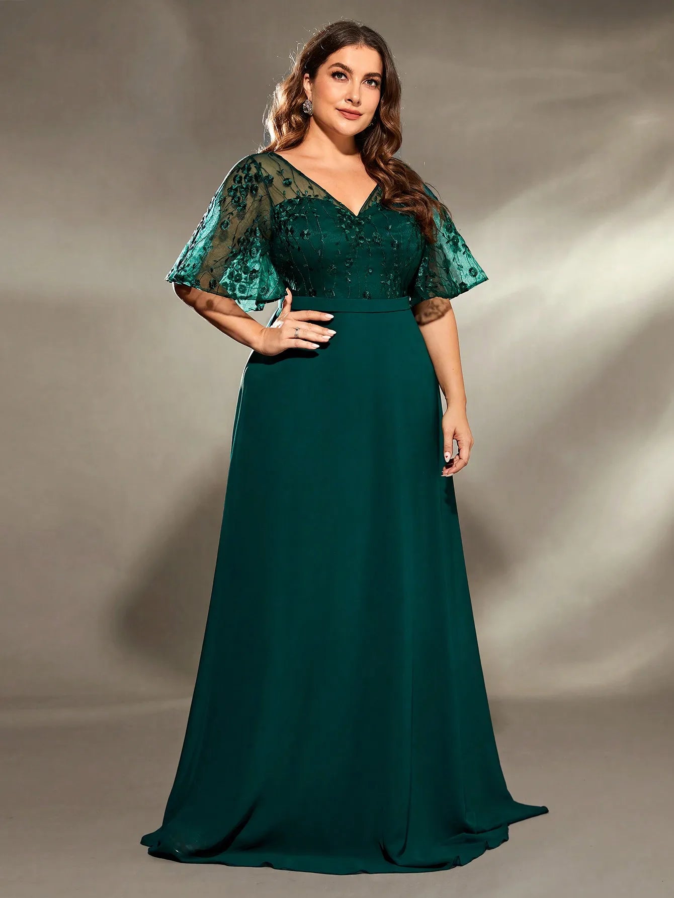 plus size V-neck See-through trumpet sleeve embroidered chiffon full skirt Evening gown Ball dress Party dress