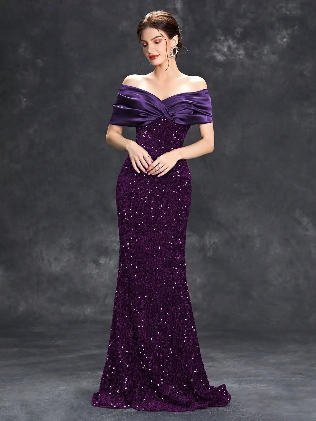 Line neck pleated tint sequin velvet fishtail Dress Evening Gown Ball dress Party dress Bridesmaid dress