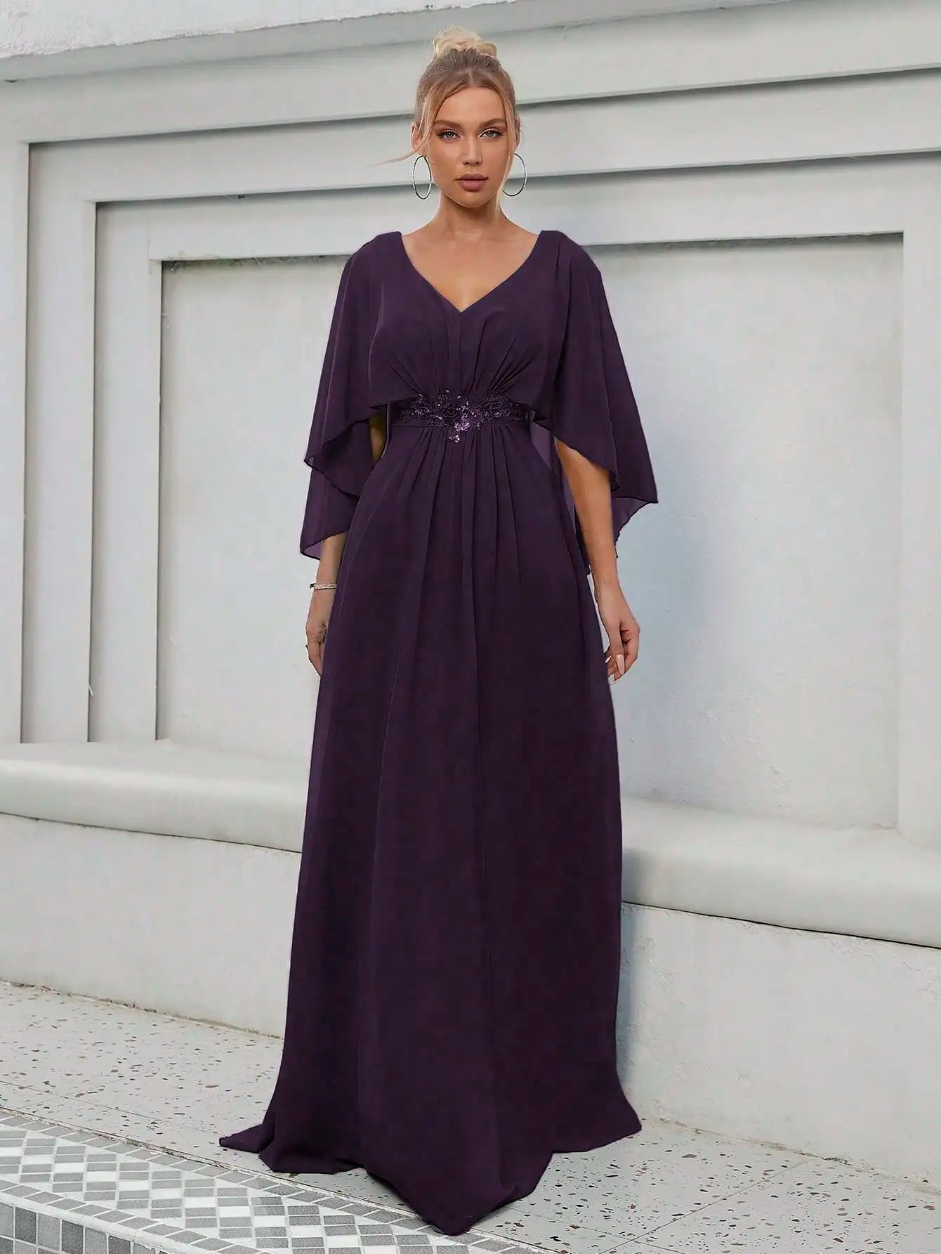 V-neck flared sleeve sequin machine embroidered applique dress