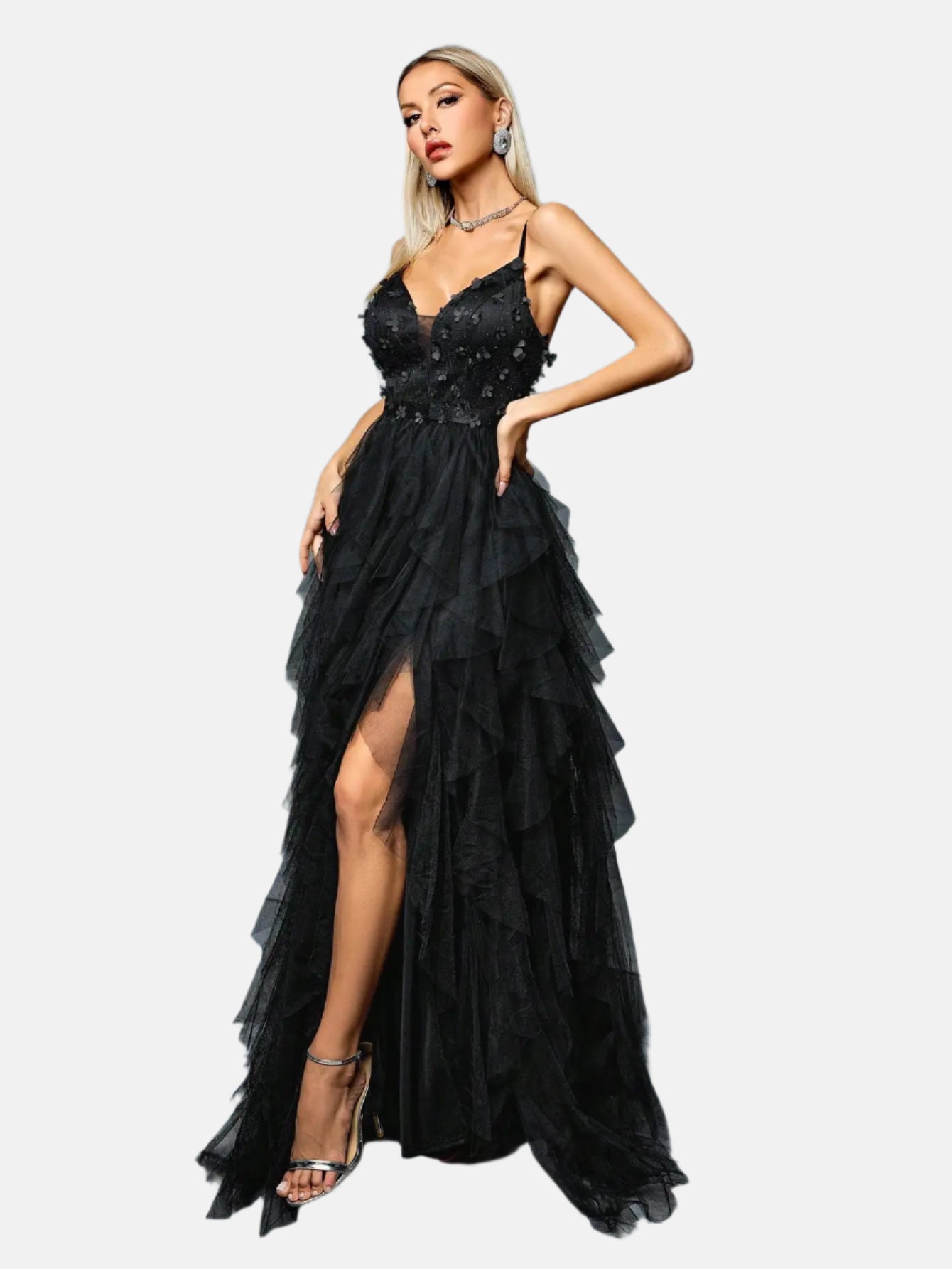 V-neck sexy three-dimensional embroidery Mosaic three-dimensional mesh lotus skirt swing slit long evening gown PROMdress