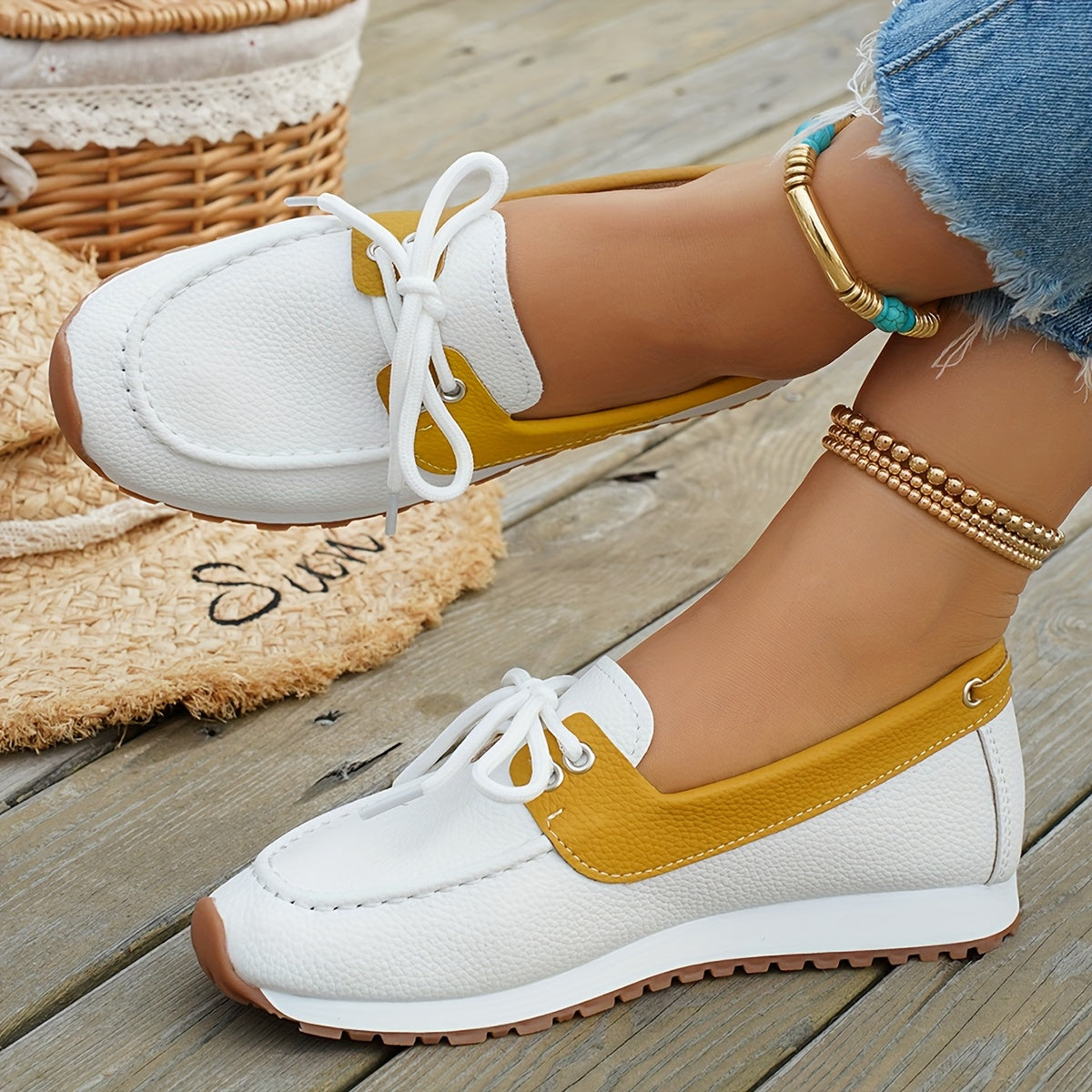 Women's Slip-On Loafers - White & Mustard Casual Shoes with Rubber Sole