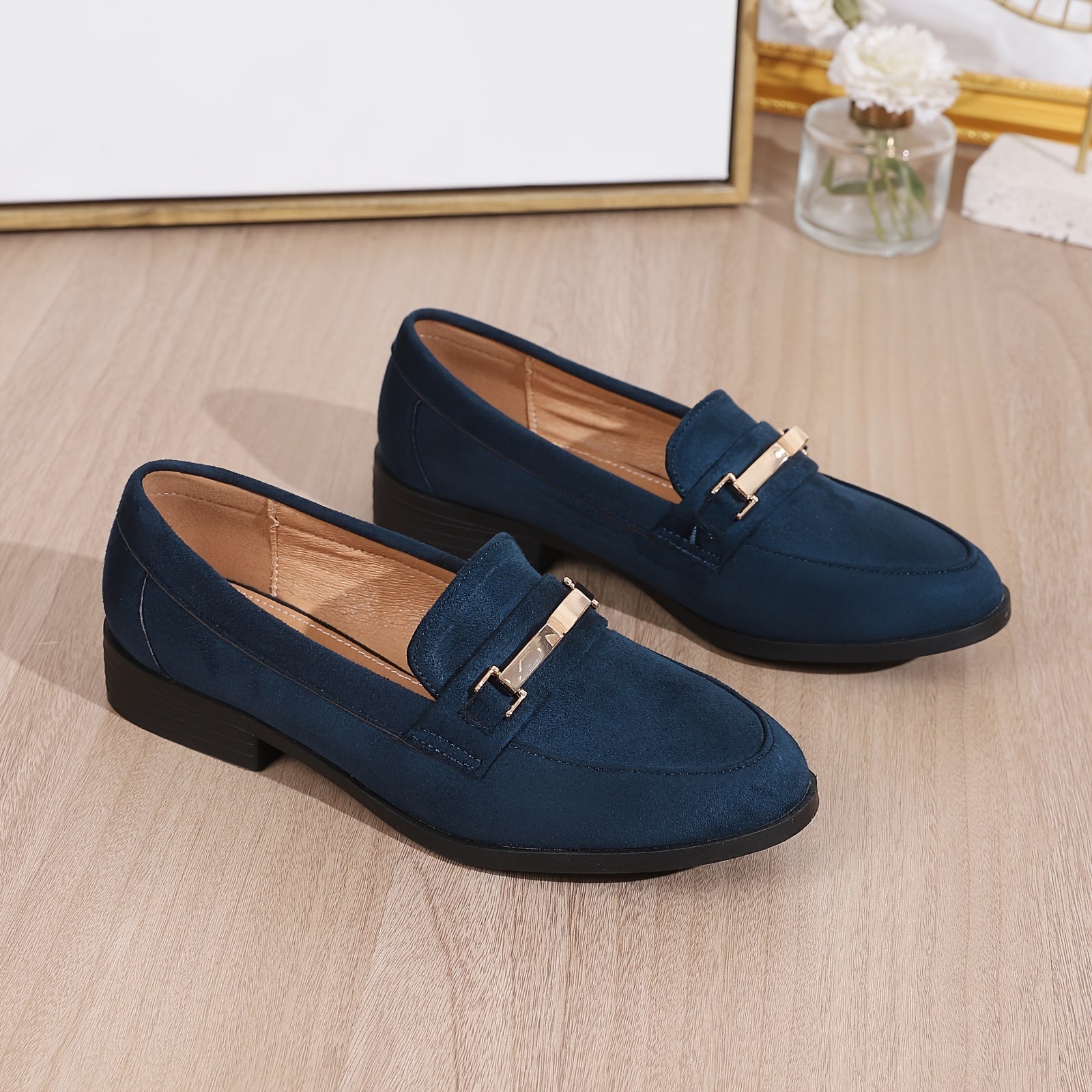 Chic Metallic Accent Women's Loafers - Breathable Slip-Ons in Solid Colors, British Style, Round Toe