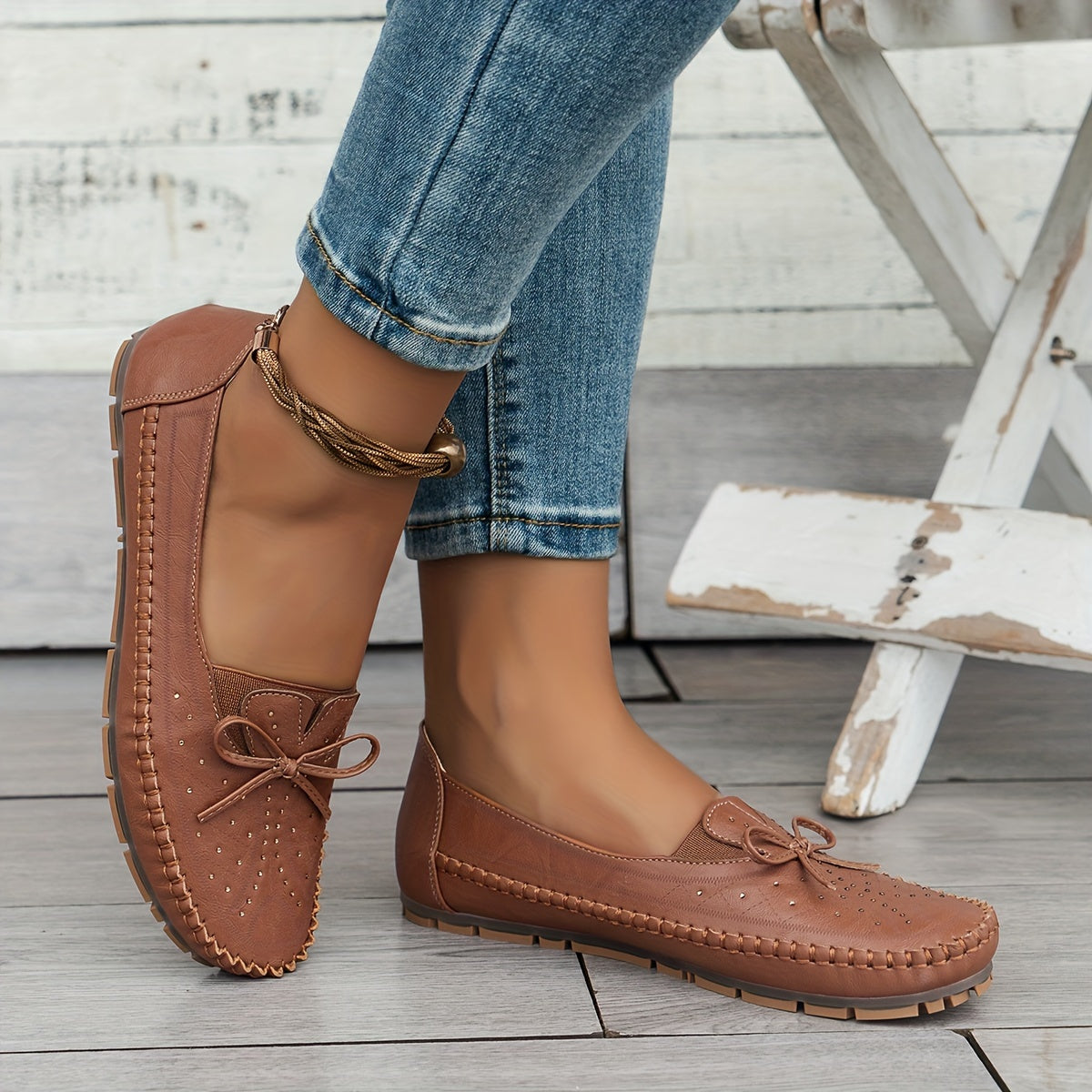 Women's Plus Size Lightweight Slip-On Loafers with Bow - Comfortable Casual Shoes