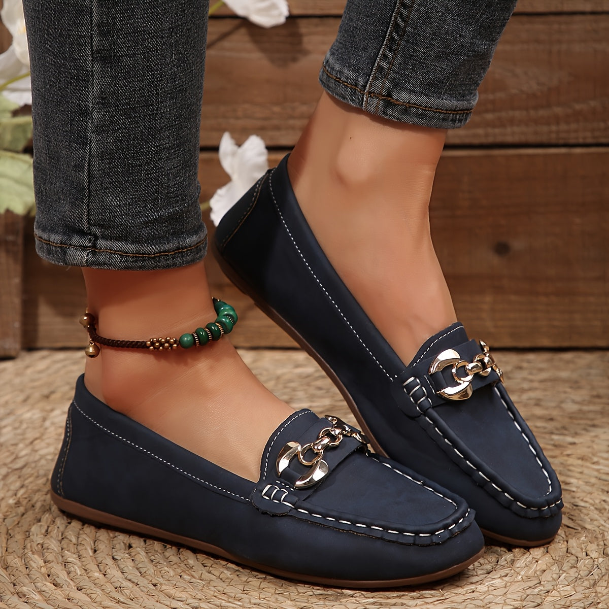 Women's Slip-On Loafers - Comfortable Flat Shoes with Metallic Buckle