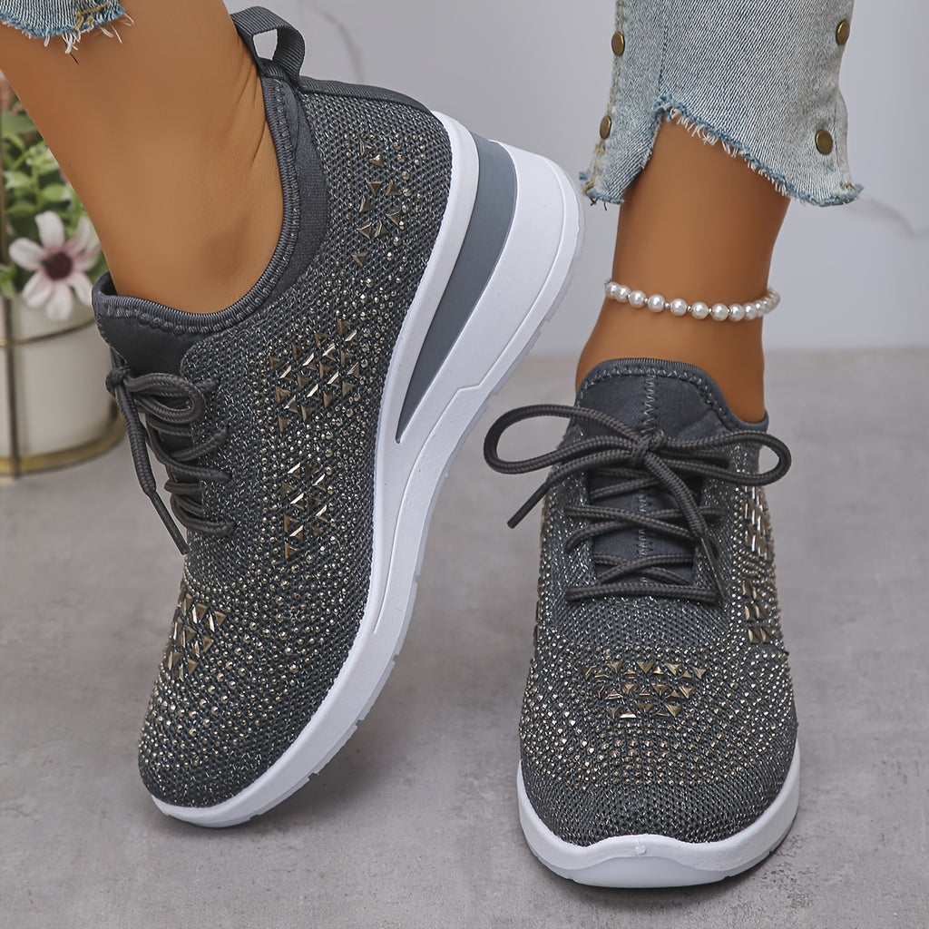 Rhinestone-Embellished Black Sneakers - Comfortable Low-Top Lace-Up Casual Shoes