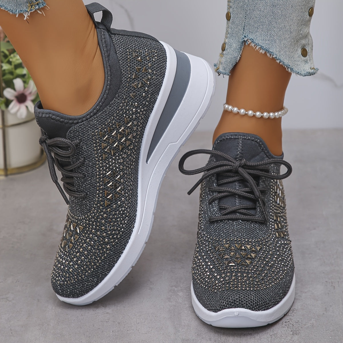 Rhinestone-Embellished Black Sneakers - Comfortable Low-Top Lace-Up Casual Shoes