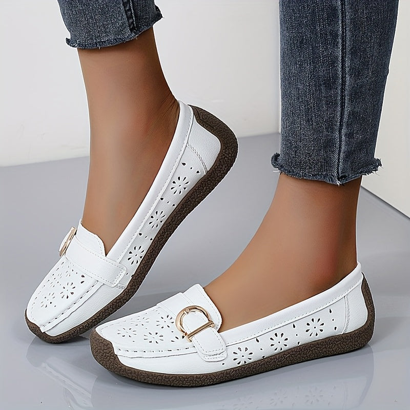White Slip-On Loafers with Ventilation Holes & Gold Buckle - Lightweight Summer Shoes