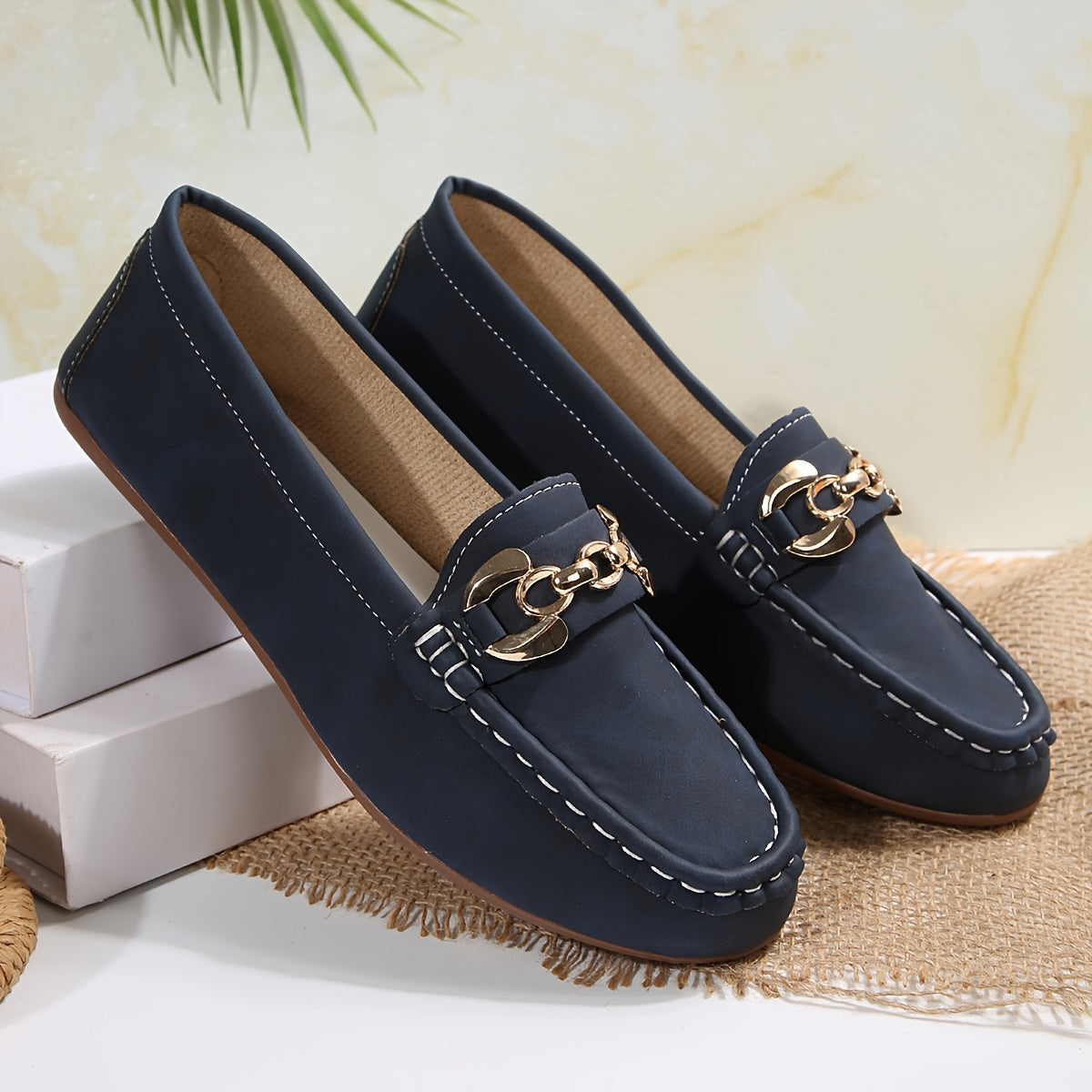 Women's Slip-On Loafers - Comfortable Flat Shoes with Metallic Buckle