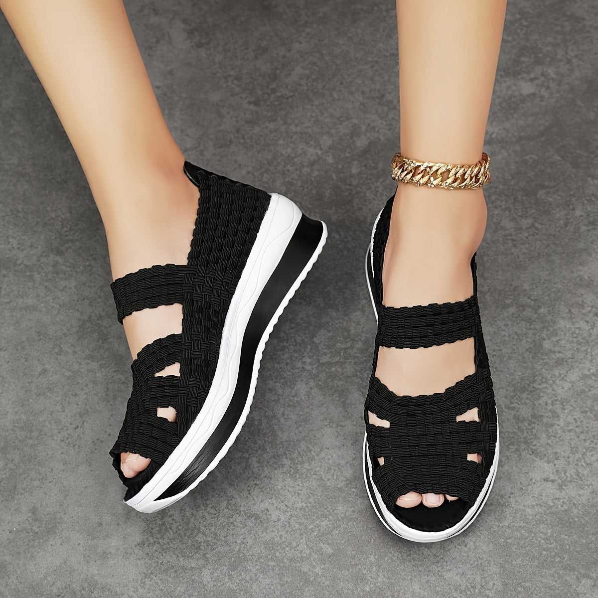 Women's Casual Slip-On Sneakers - Black Woven Upper, White EVA Sole, Lightweight & Breathable with Cut-Out Design