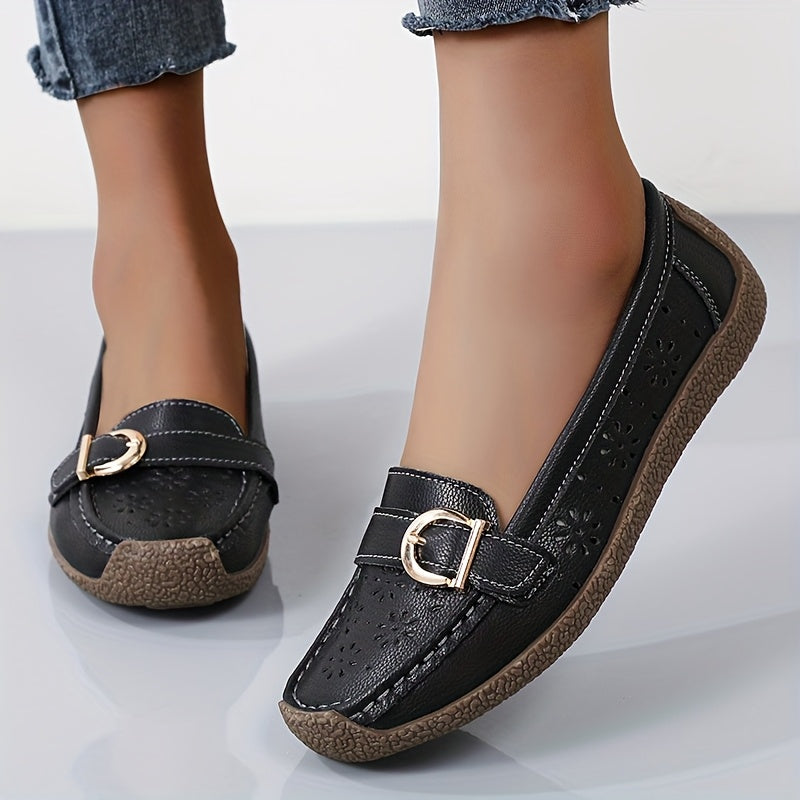 White Slip-On Loafers with Ventilation Holes & Gold Buckle - Lightweight Summer Shoes