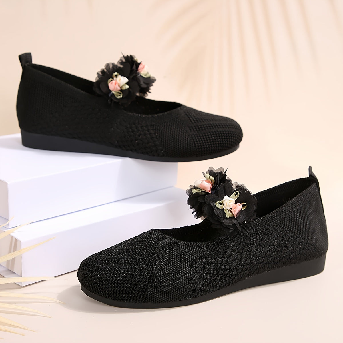 Floral Slip-On Round Toe Flats with Ankle Strap