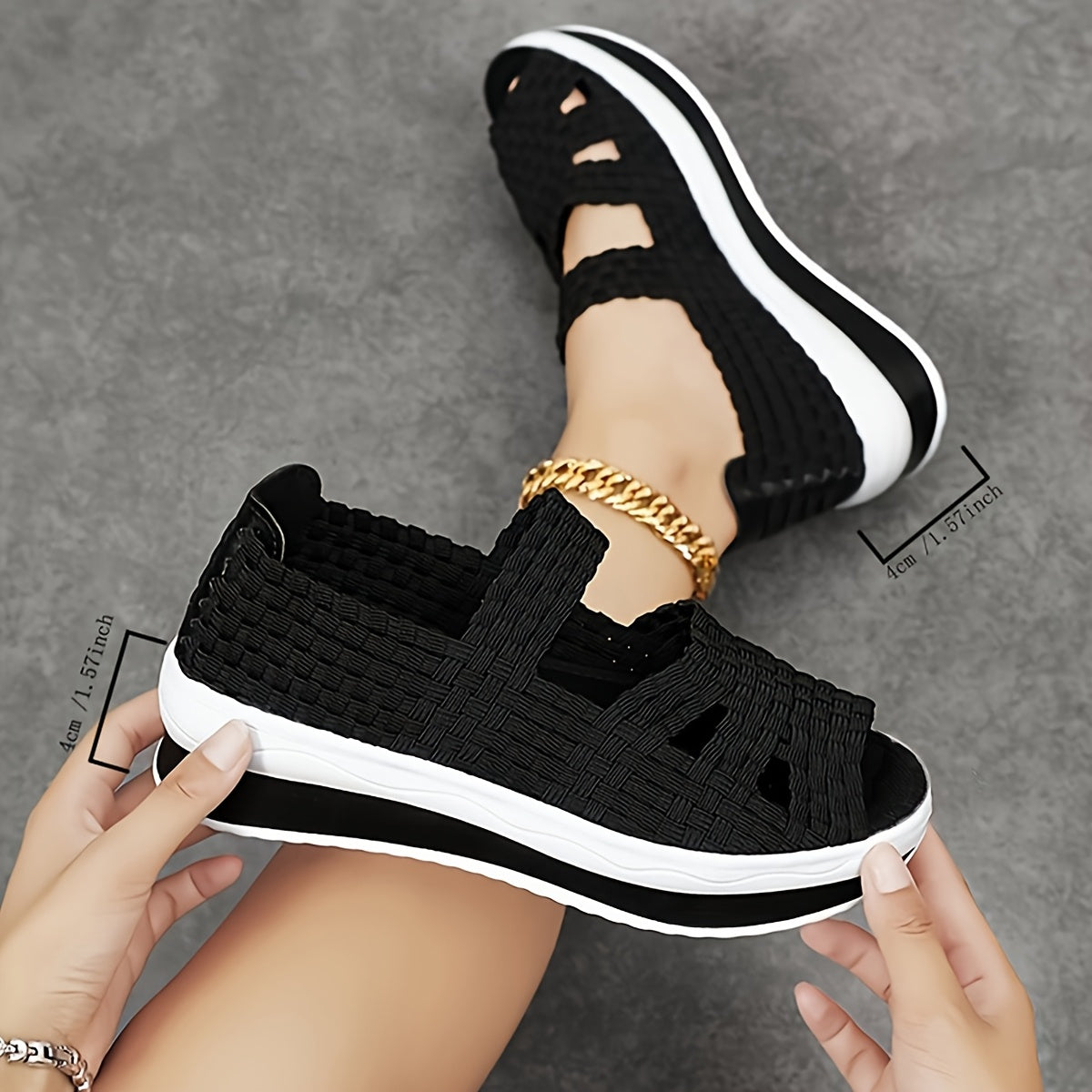 Women's Casual Slip-On Sneakers - Black Woven Upper, White EVA Sole, Lightweight & Breathable with Cut-Out Design